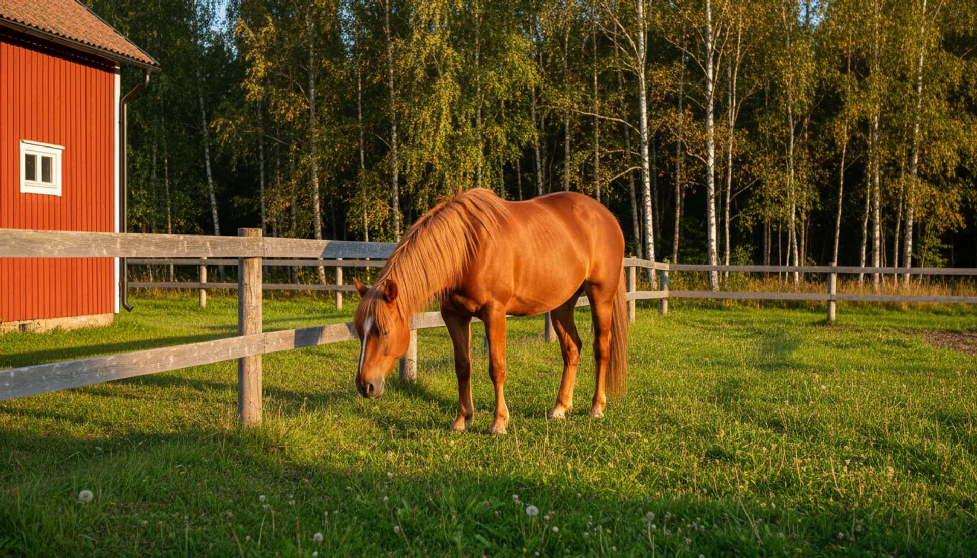 Fuxhäst betar i grön hage vid rött svenskt hus