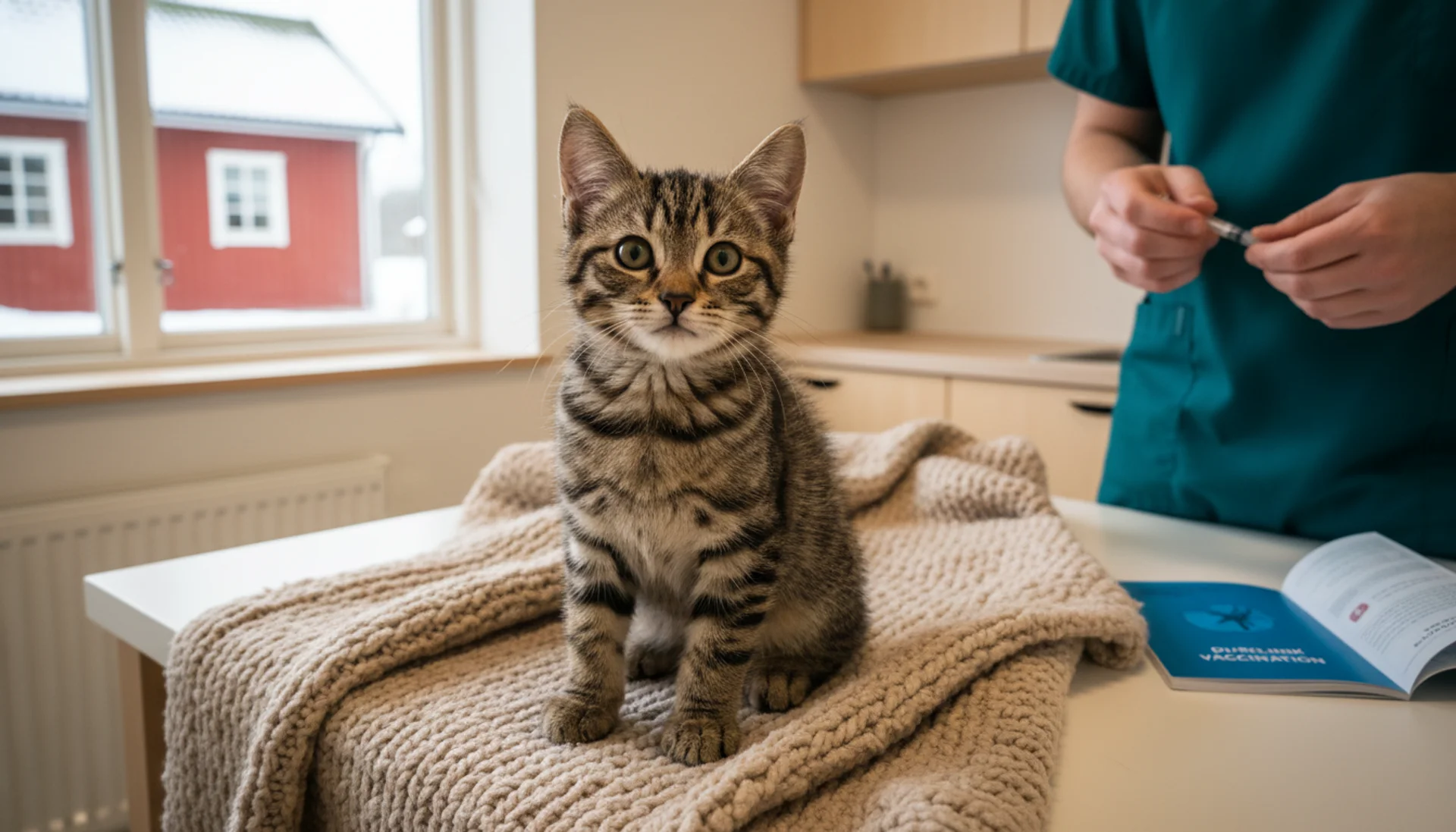 Tabby-kattunge inför vaccination hos veterinär med rött hus i bakgrunden