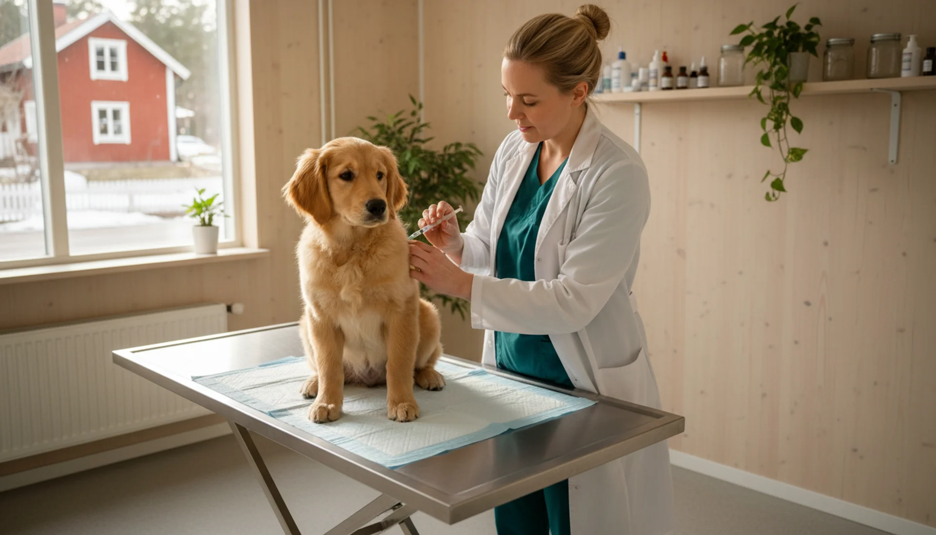 Vaccination av golden retriever-valp på svensk veterinärklinik