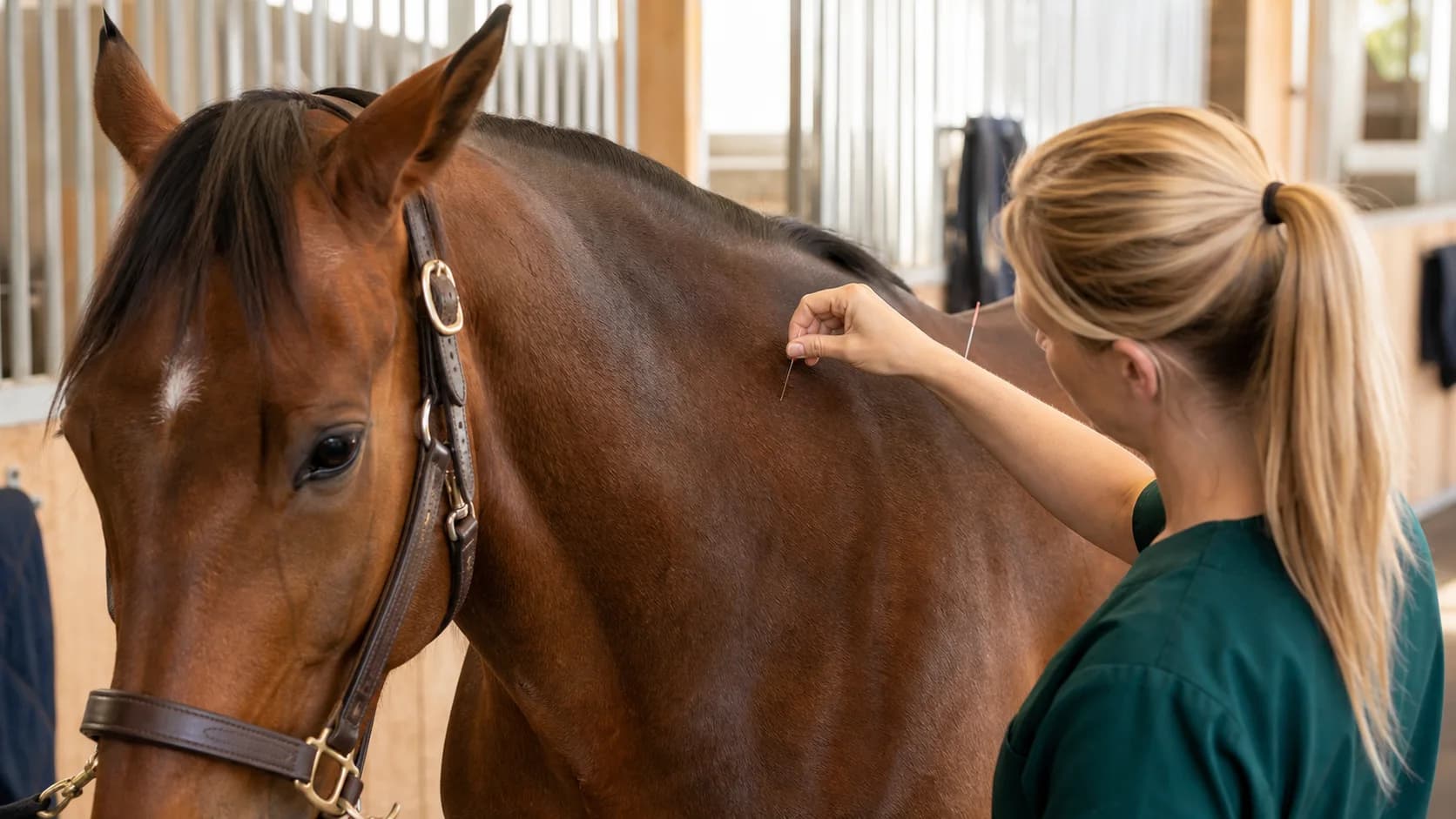 Veterinär i gröna scrubs placerar akupunkturnål vid manken på fuxhäst.