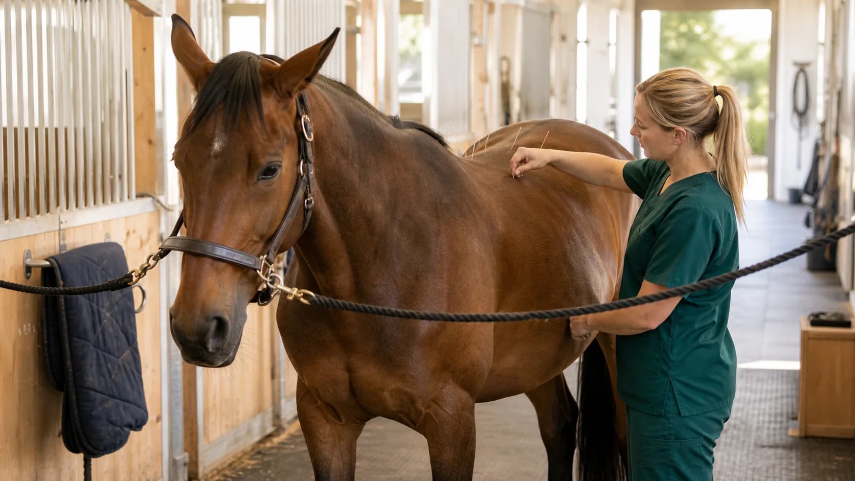 Veterinär i gröna scrubs behandlar fuxhäst med akupunktur i svensk stallgång.