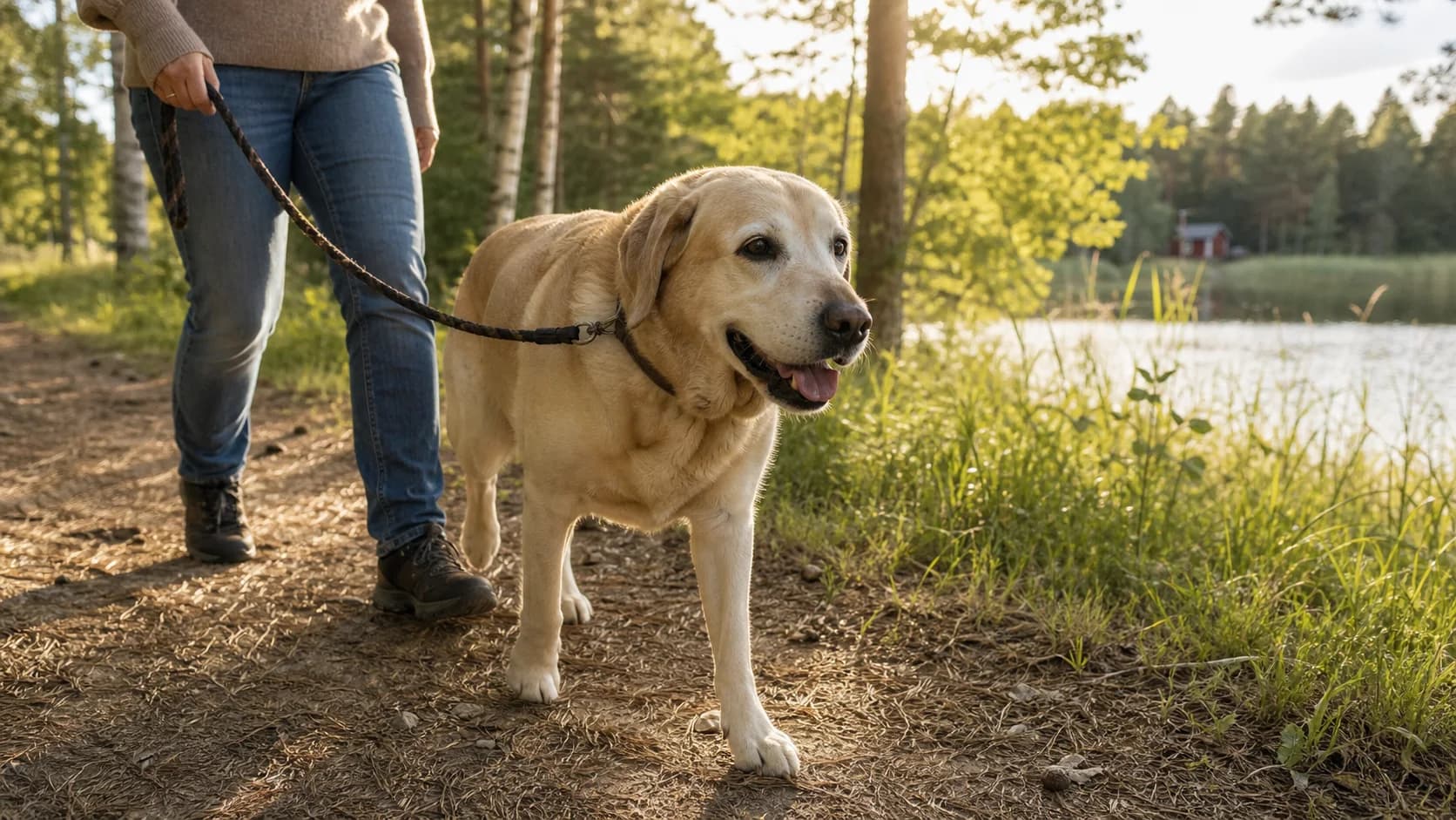 Äldre labrador promenerar lugnt på svensk skogsstig efter akupunkturbehandling.