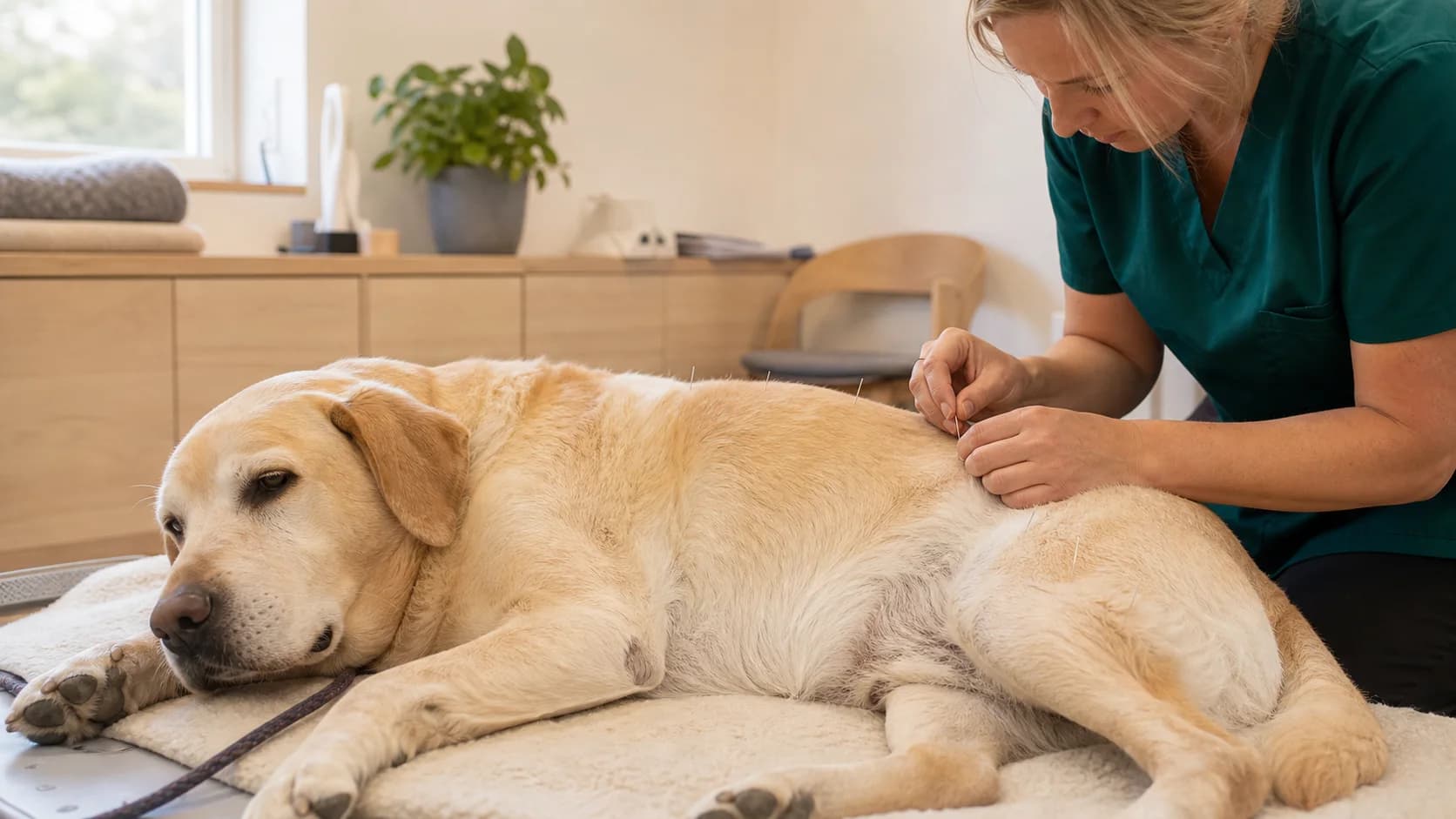 Veterinär i gröna scrubs placerar akupunkturnål på äldre labrador i behandlingsrum.