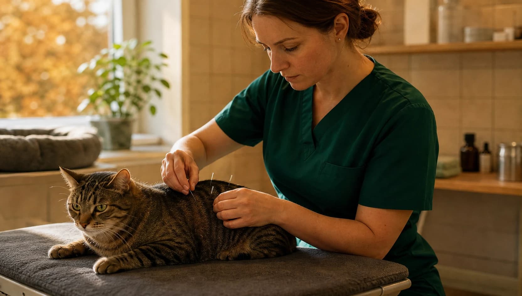 Akupunktur för katt i lugnt klinikrum