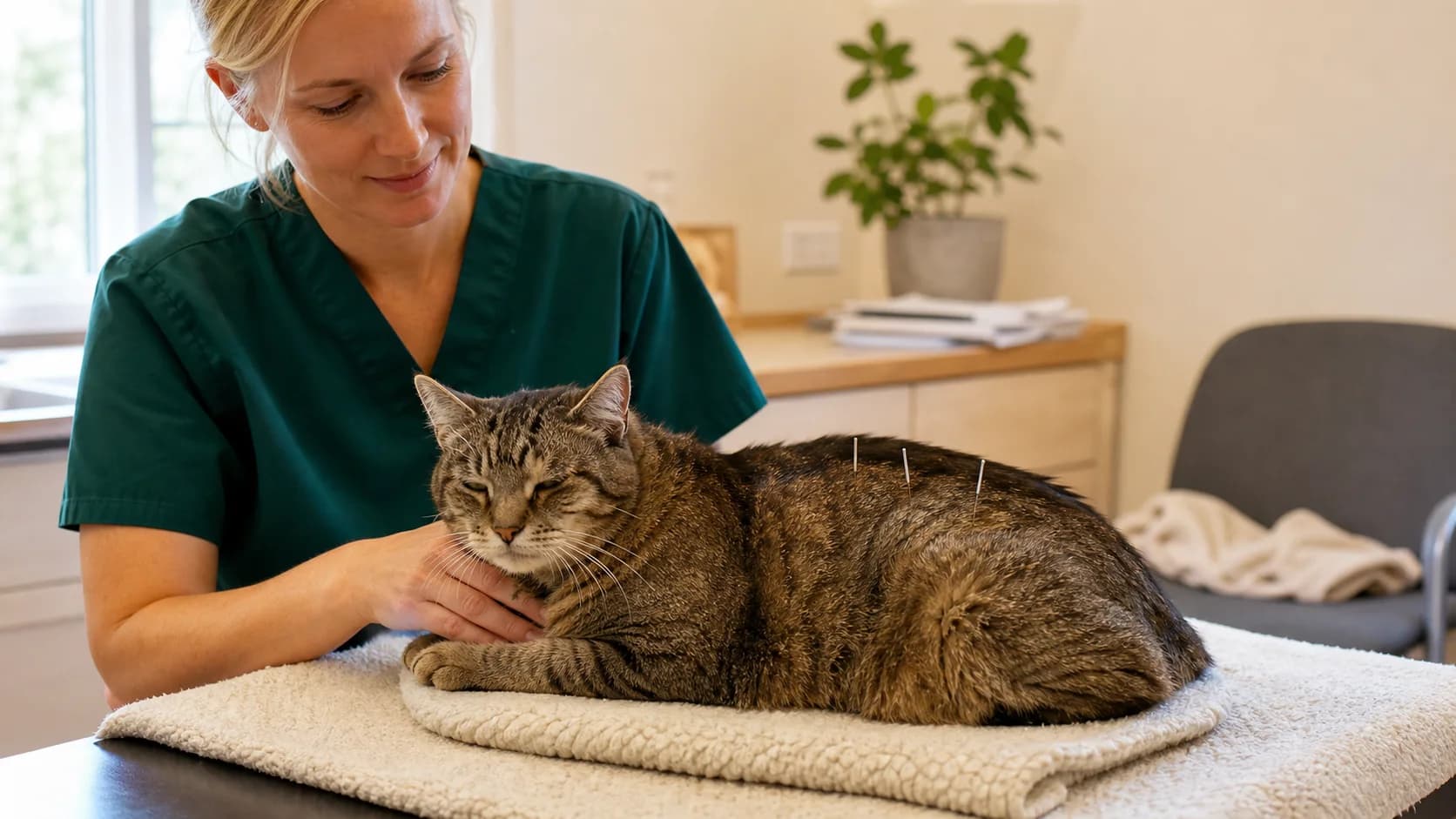 Äldre tabbykatt får akupunkturbehandling av veterinär i gröna scrubs.