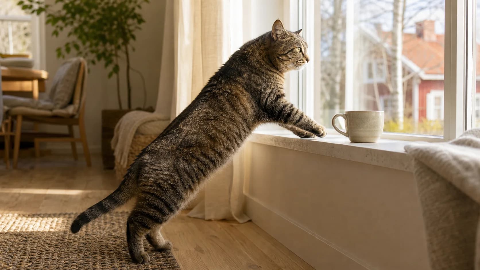 Äldre tabbykatt sträcker sig på solig fönsterbräda efter akupunkturbehandling.