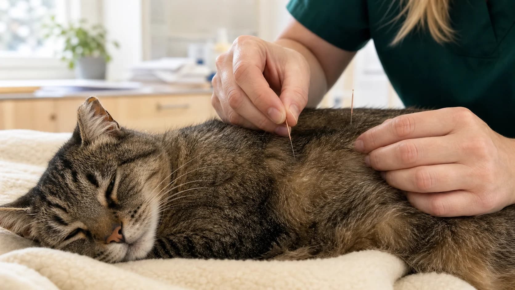 Veterinär i gröna scrubs placerar akupunkturnål vid skuldran på äldre tabbykatt.
