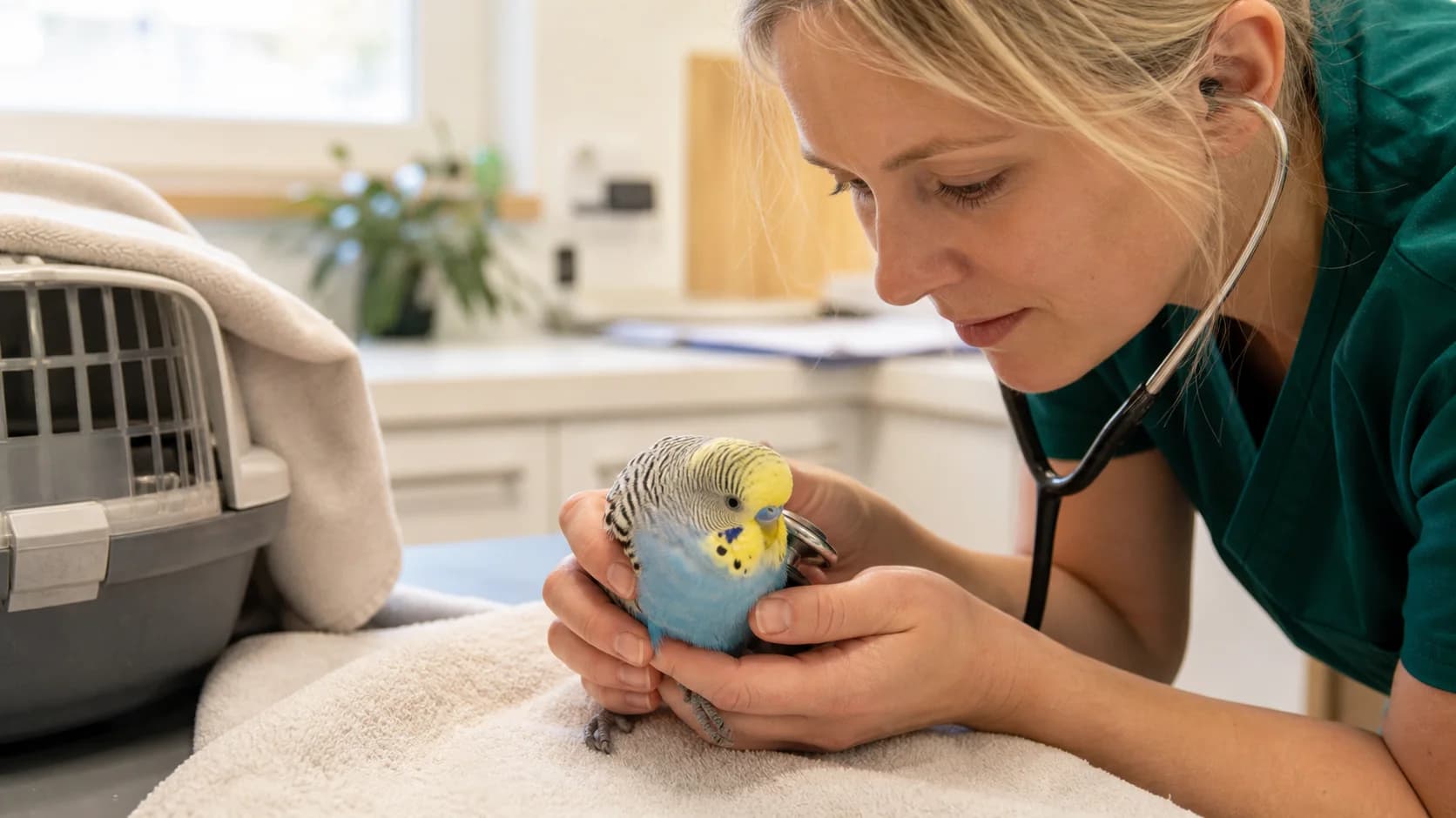 Veterinär i gröna scrubs undersöker trött blågul undulat vid akutvård.