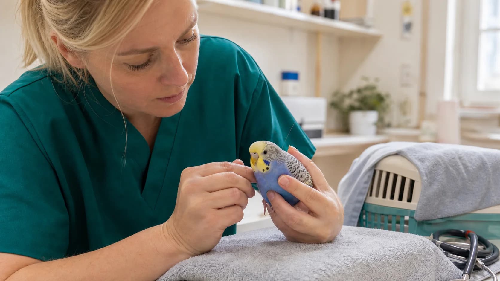 Exotveterinär i gröna scrubs bedömer andning och hållning hos blågul undulat.