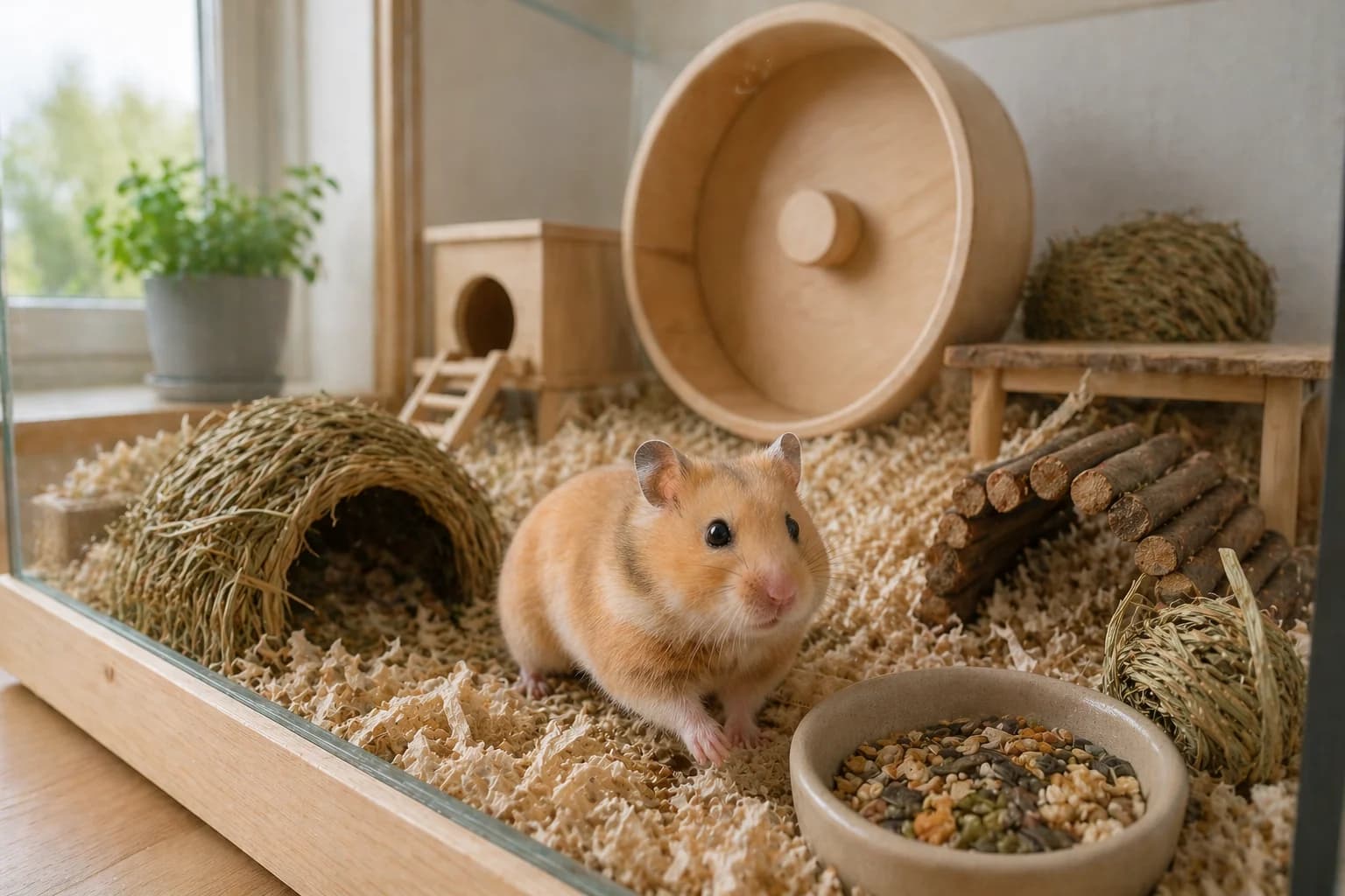 Frisk guldhamster i berikad bur med aspspån, löpande hjul och hö