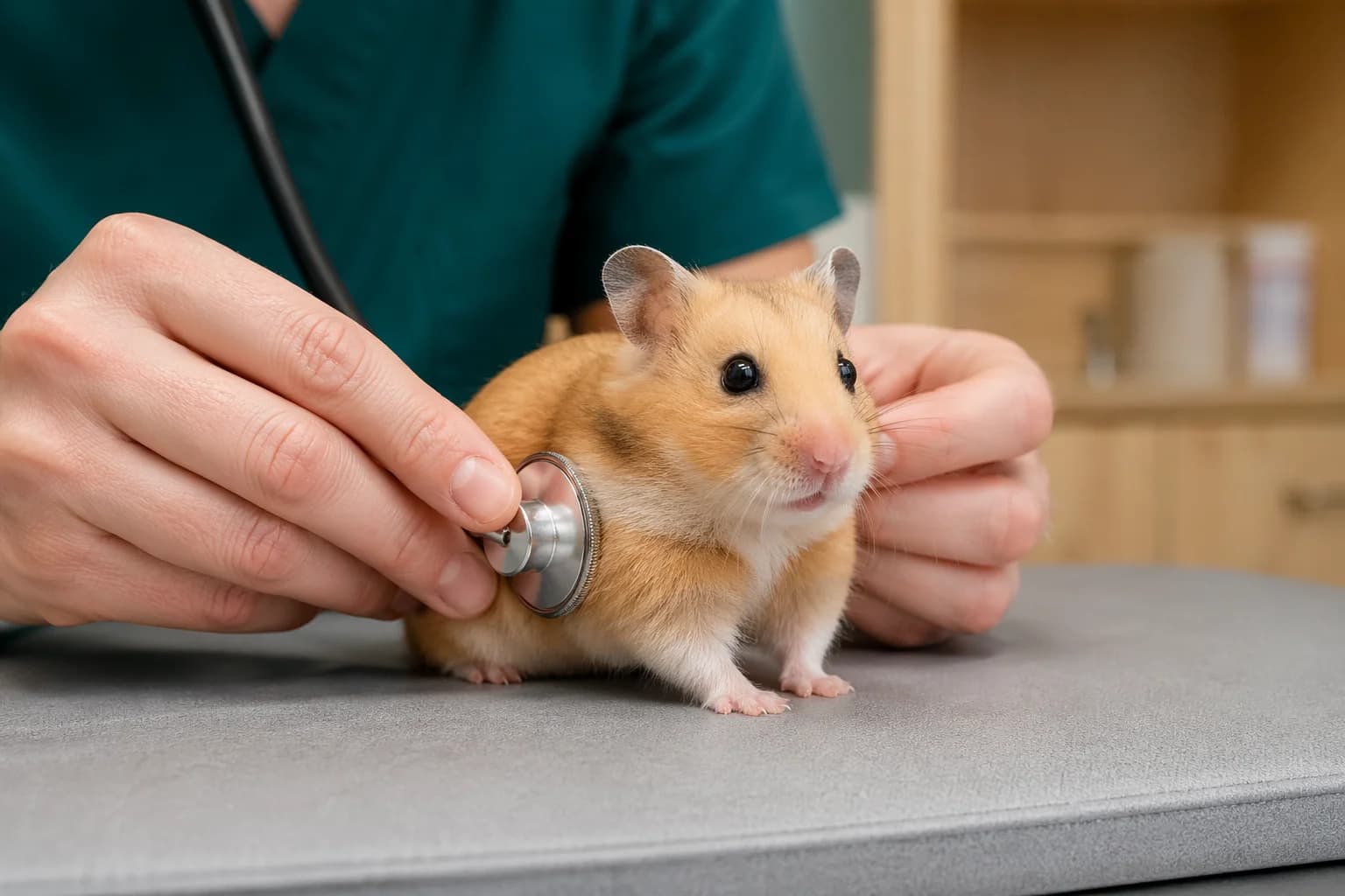 Veterinär lyssnar på hamsters hjärta och lungor med pediatriskt stetoskop