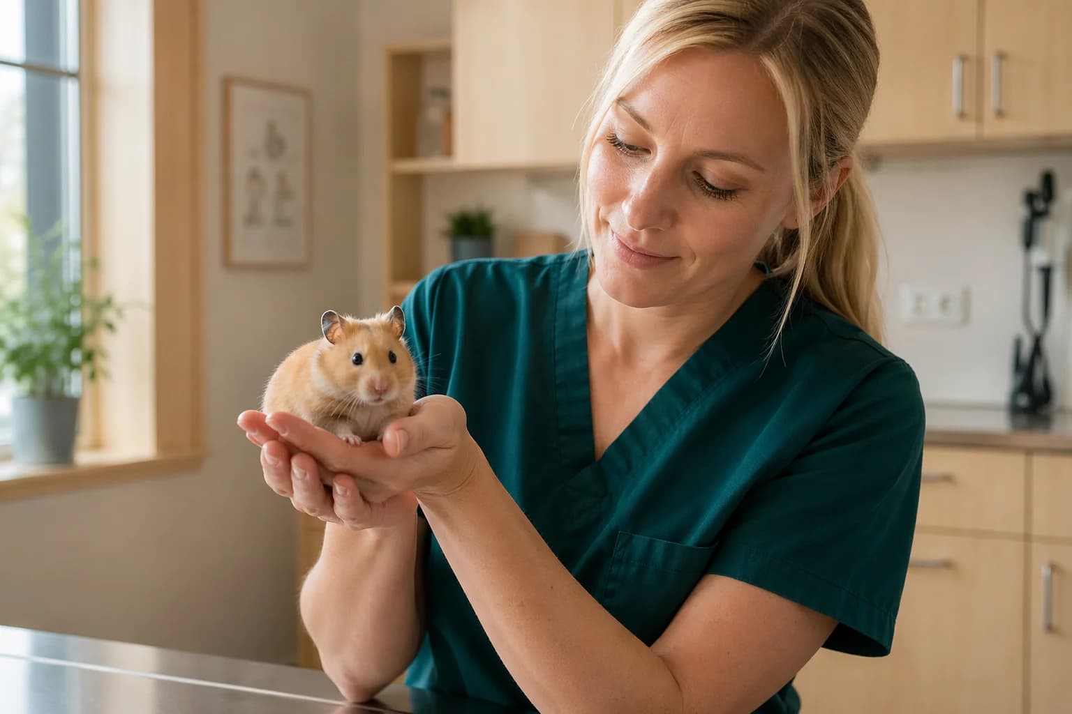 Veterinär med hamstervana håller varsamt guldhamster under akut undersökning