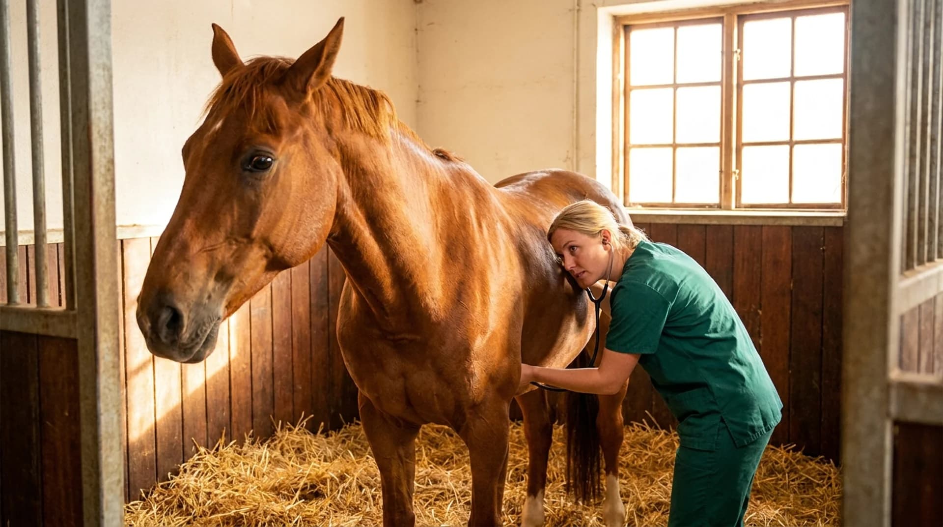 Akutvård av häst — veterinär lyssnar på tarmljud med stetoskop mot fuxhästens flank i stallet