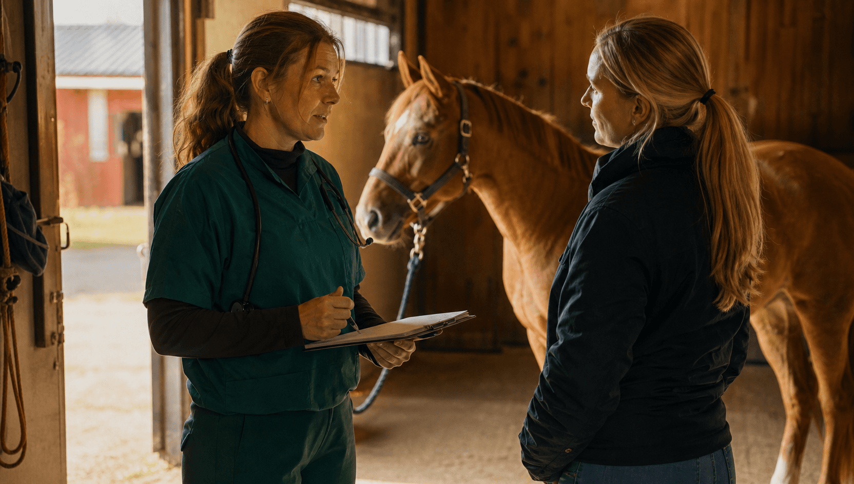 Hästveterinär i gröna arbetskläder samtalar med hästägare om pris för akutbesök.