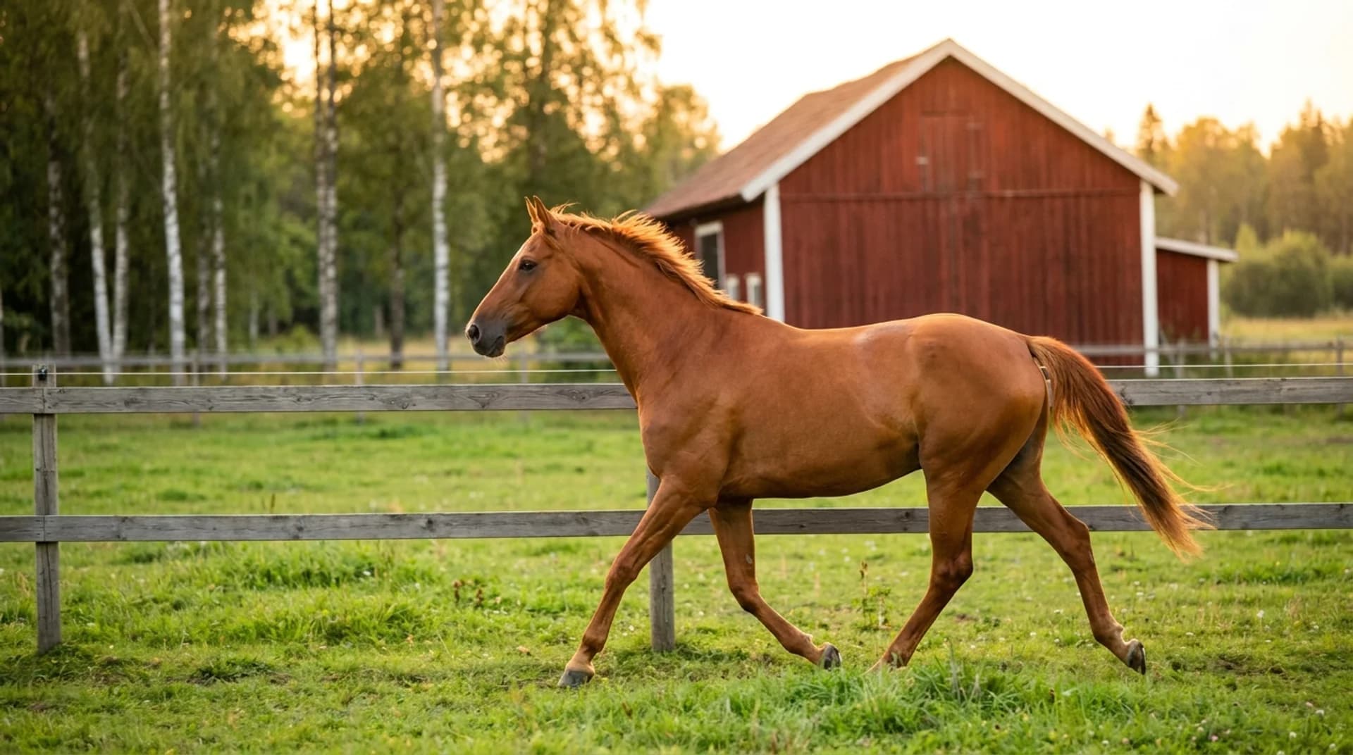 Återhämtning efter akutvård — frisk fuxhäst travar i paddock med röd lada och björkar i kvällsljus