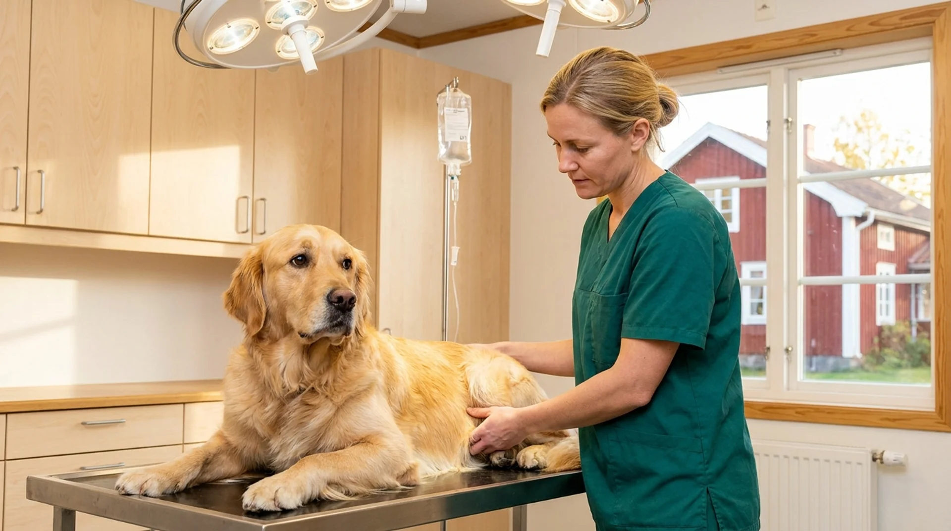 Akutvård av golden retriever — veterinär undersöker hunden på akutbordet med dropp i bakgrunden