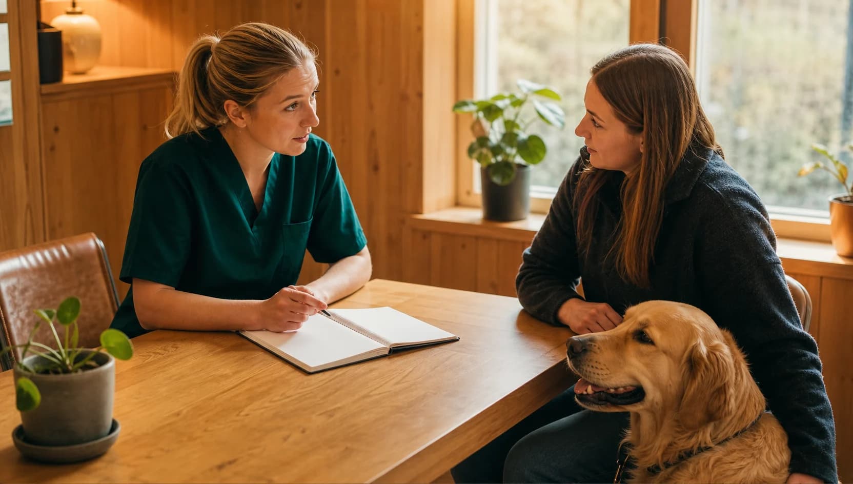 Veterinär i gröna scrubs samtalar med hundägare om pris för akutbesök.