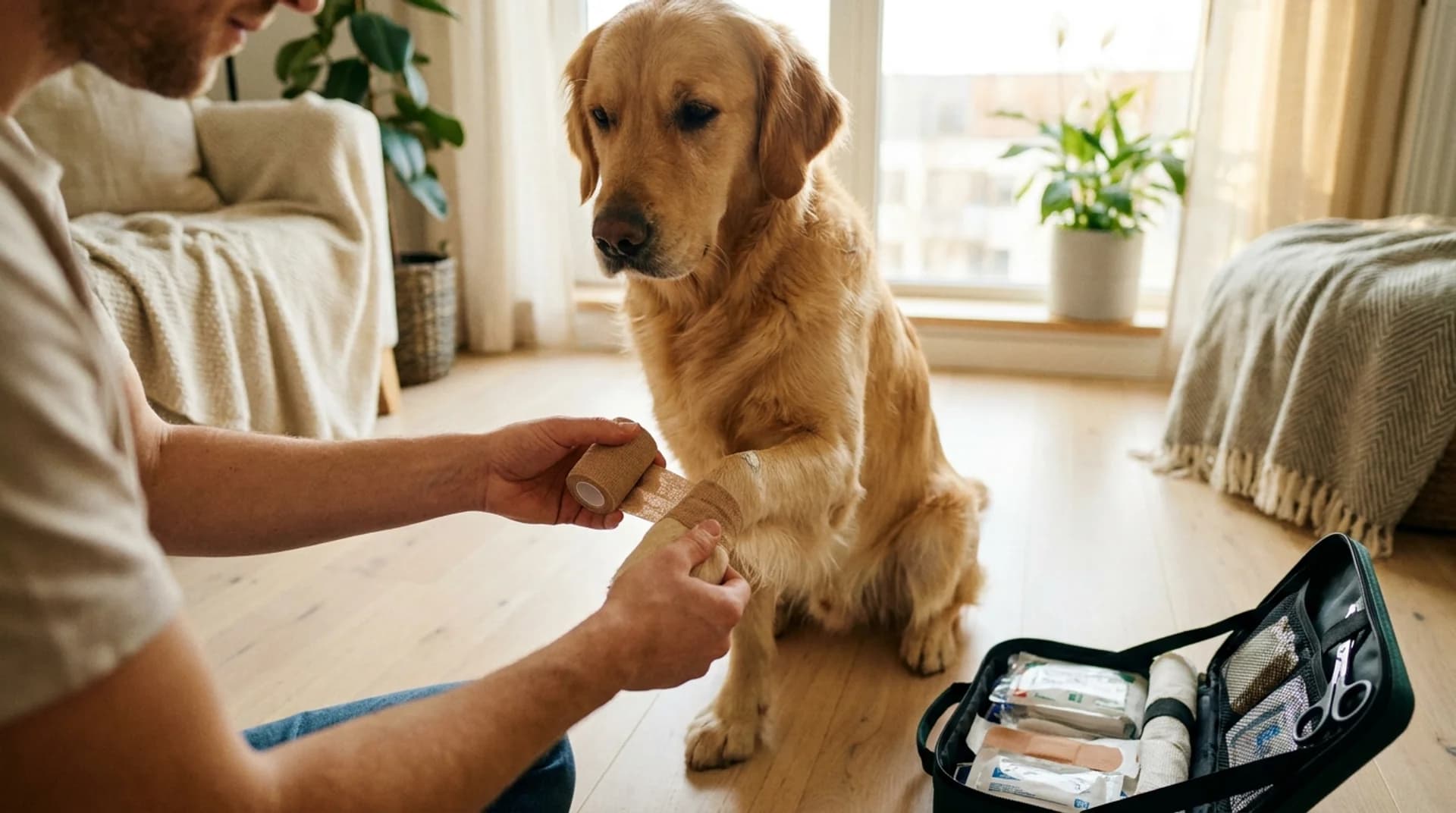 Första hjälpen för hund — ägare lindar bandage runt golden retrievers tass med förstahjälpenväska