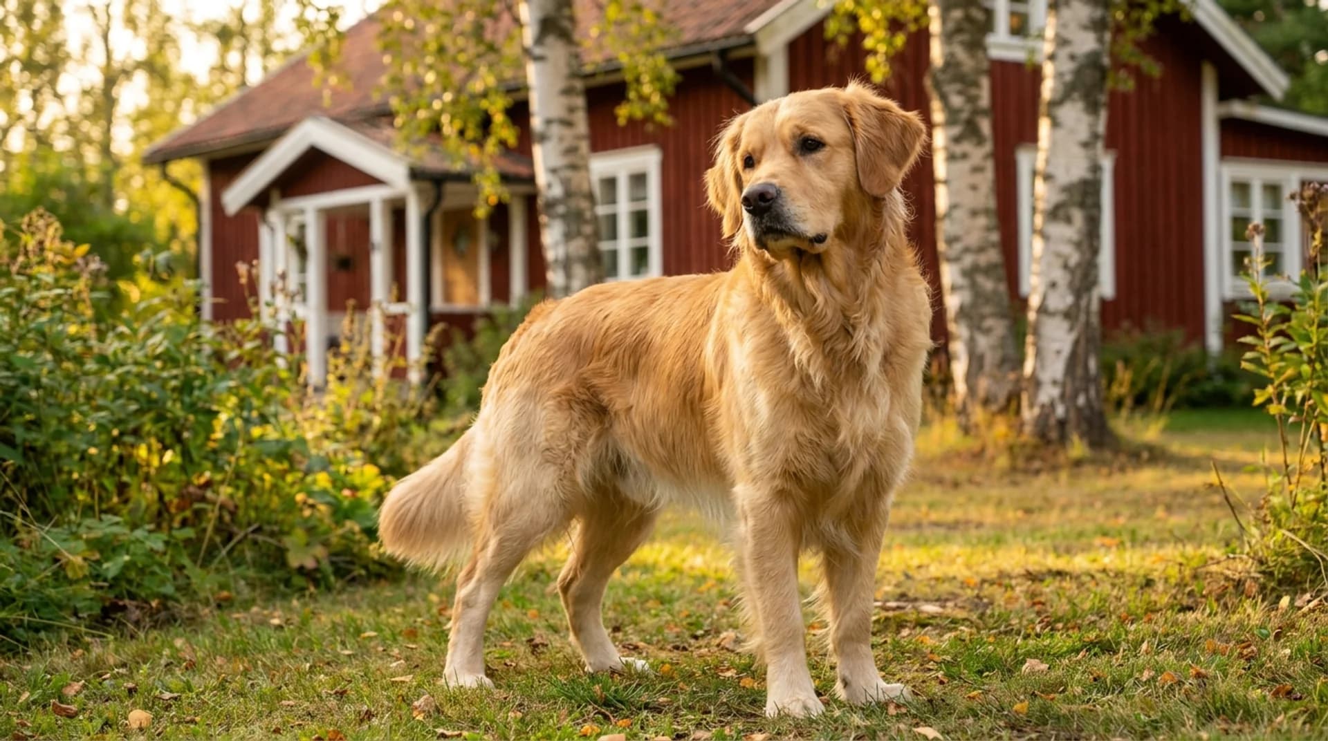 Återhämtning efter akutvård — frisk golden retriever står stark i svensk trädgård med röda stugor