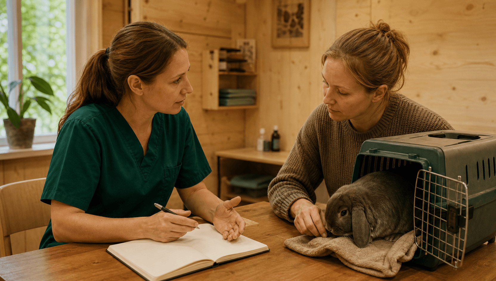 Veterinär i gröna scrubs samtalar med kaninägare om pris för akutbesök.