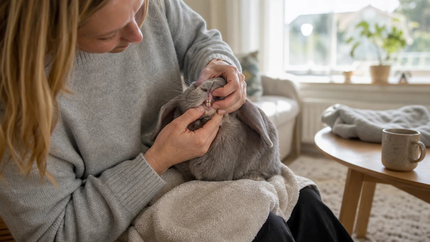 Kaninägare kontrollerar varsamt tänder och tandkött på grå vädurkanin hemma.
