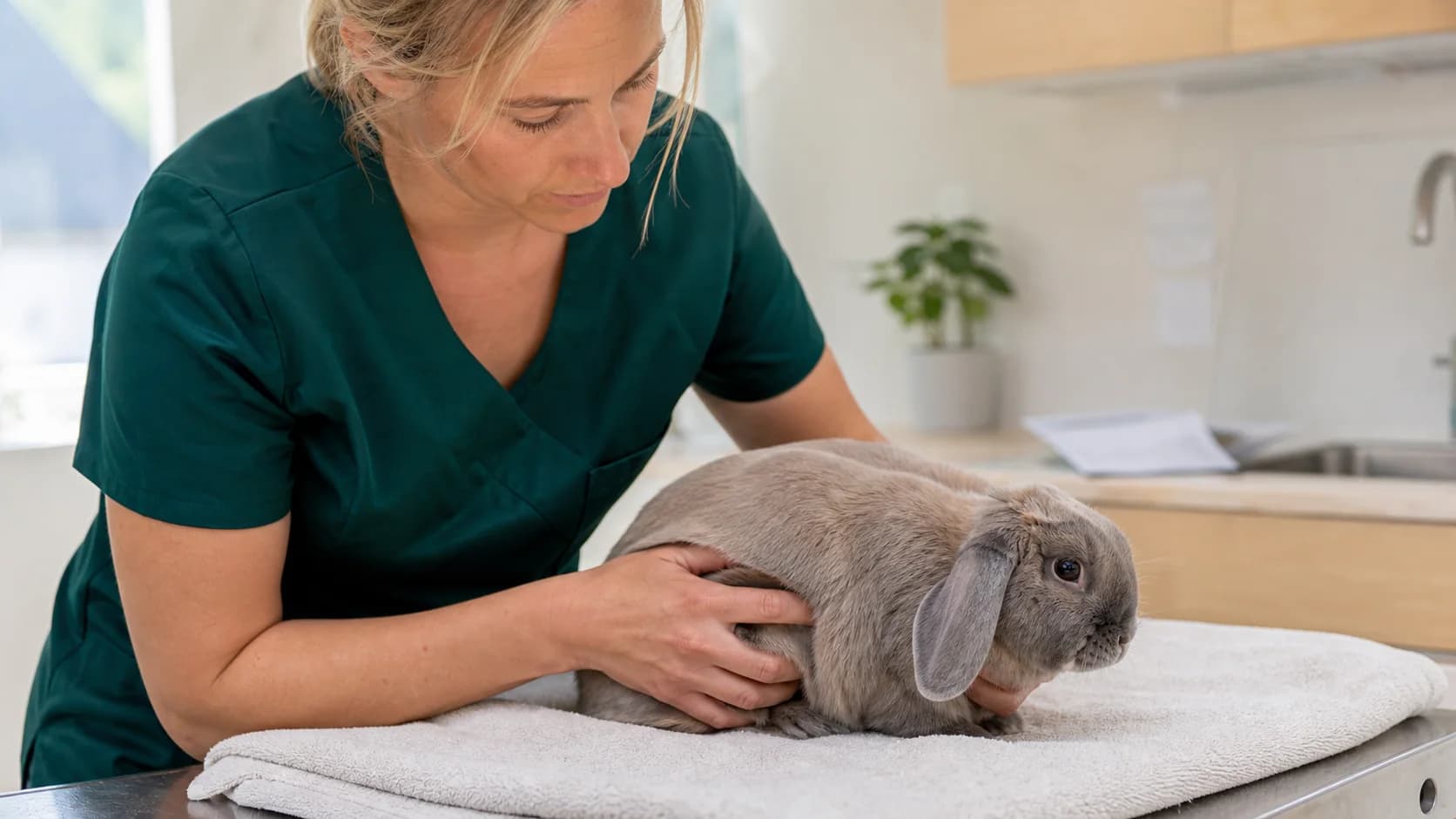 Veterinär i gröna scrubs palperar magen på grå vädurkanin vid akut misstänkt magstasis.
