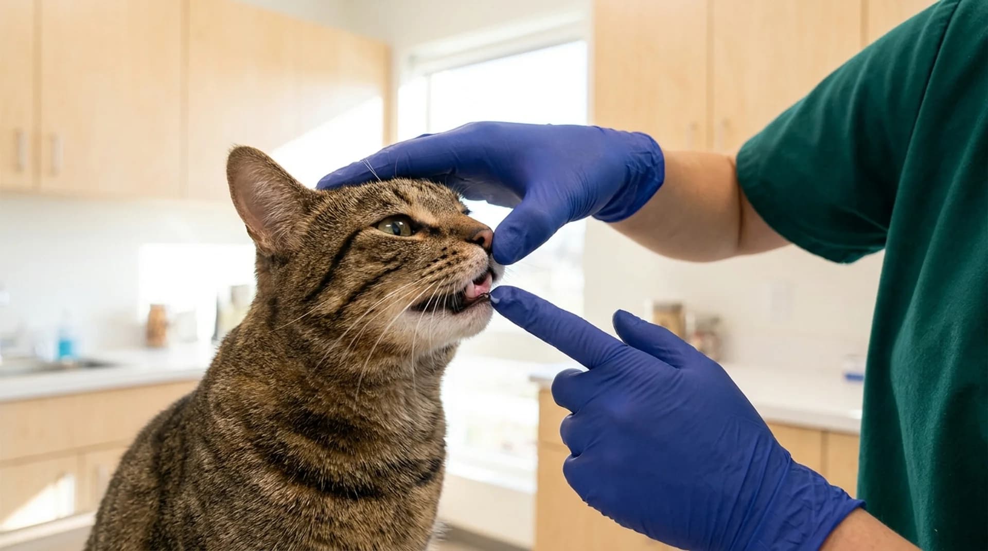 Akutvård av katt — veterinär kontrollerar tandköttet för kapillär återfyllnadstid på tabby