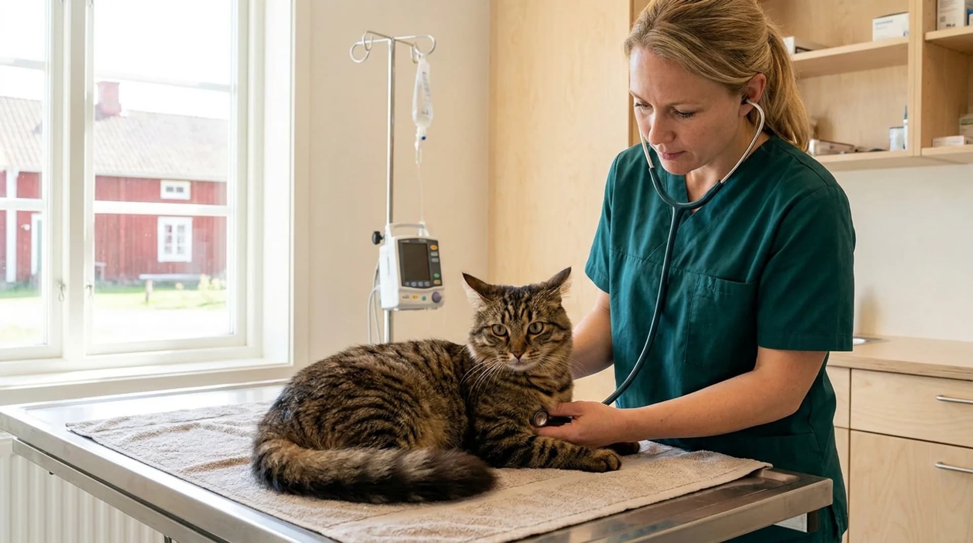 Akutvård av tabby-katt — veterinär lyssnar med stetoskop medan dropp och pulsövervakning syns i bakgrunden