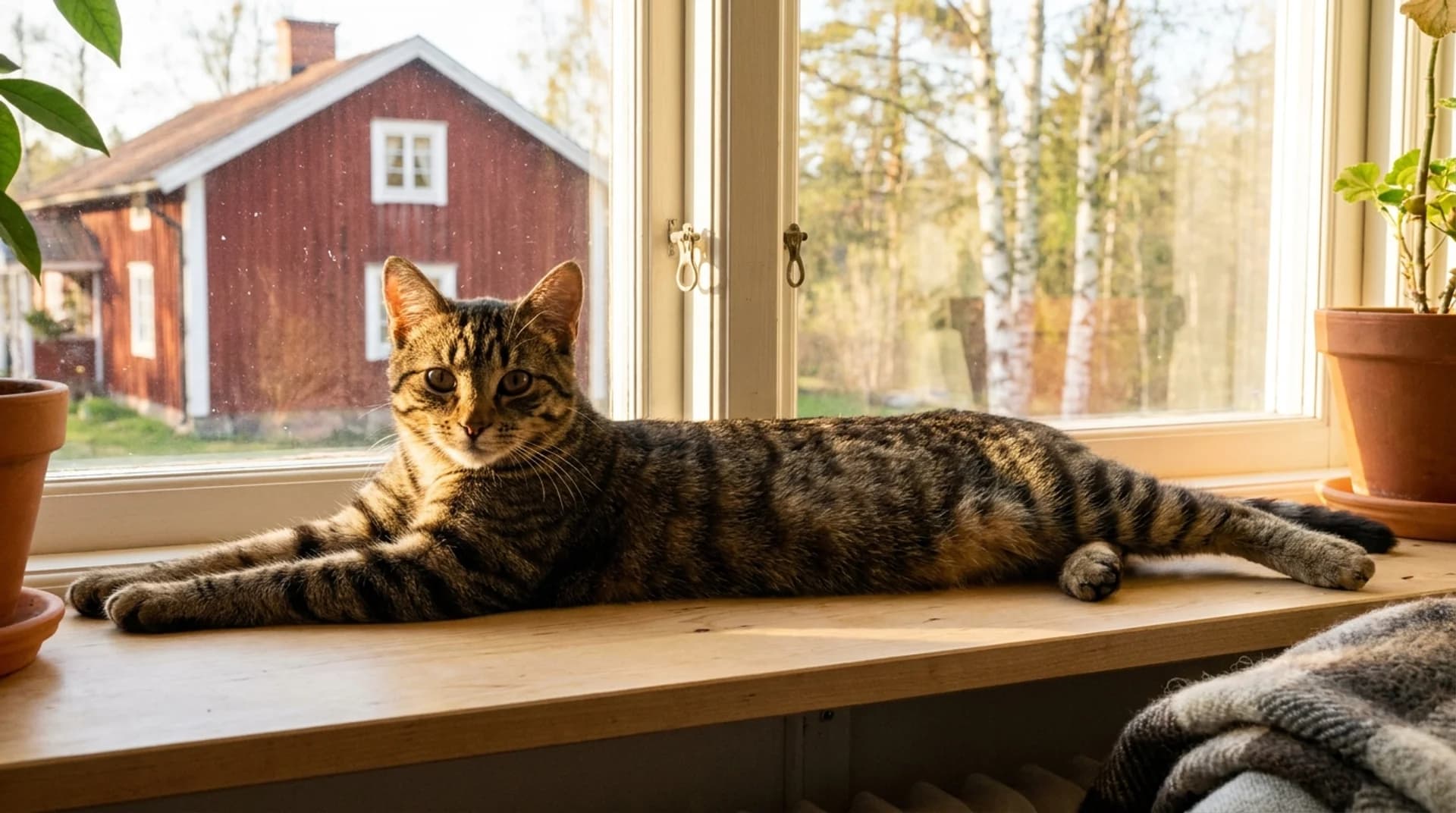 Återhämtning efter akutvård — tabby-katt vilar avslappnat på fönsterbräda med röd stuga utanför
