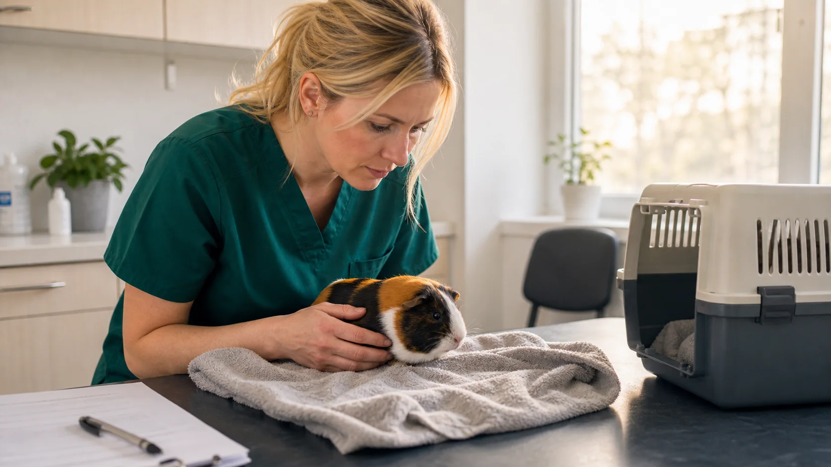 Veterinär i gröna scrubs undersöker trikolort marsvin vid akut aptitlöshet.