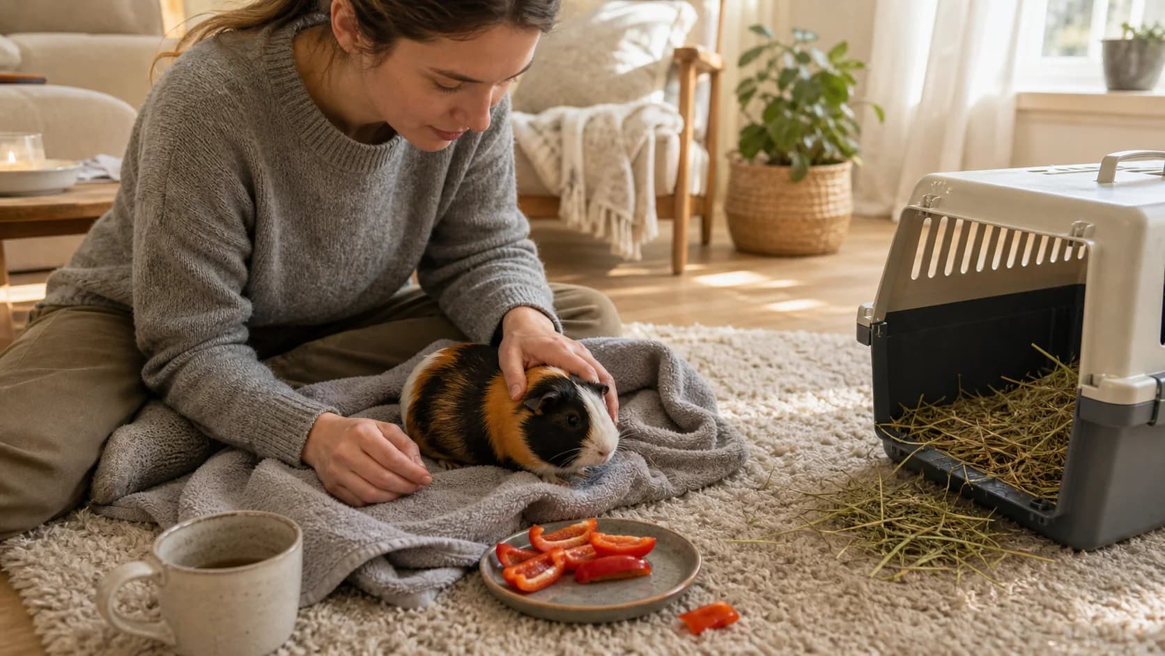Trikolort marsvin hemma med rumplad handduk, paprika och transportbur inför akutbesök.