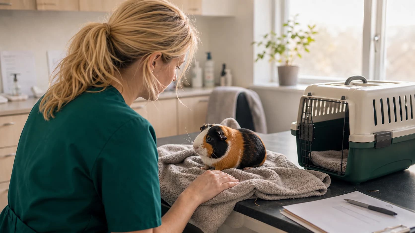 Veterinär i gröna scrubs bedömer ansikte och hållning hos trikolort marsvin.