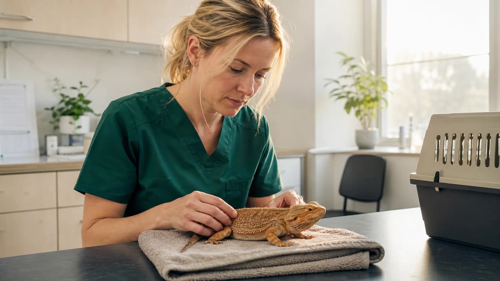 Veterinär i gröna scrubs undersöker skäggagam vid akut misstänkt sjukdom.
