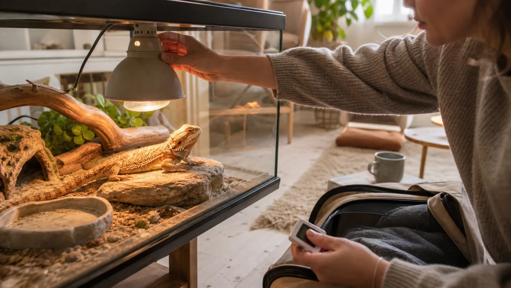 Skäggagam i terrarium hemma medan ägare kontrollerar värme och fukt inför akutvård.