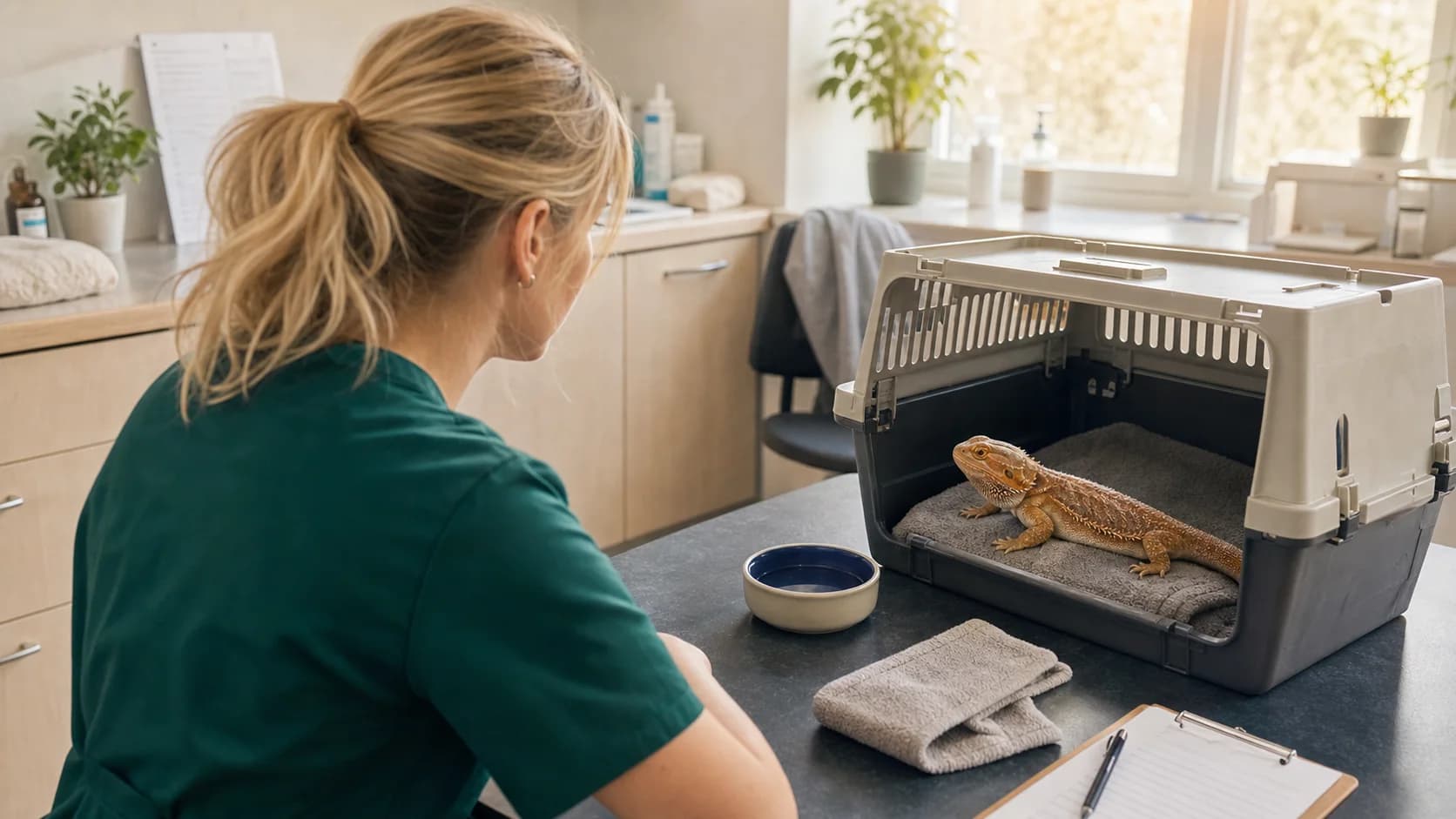 Exotveterinär i gröna scrubs bedömer skäggagam i öppen transportbox.
