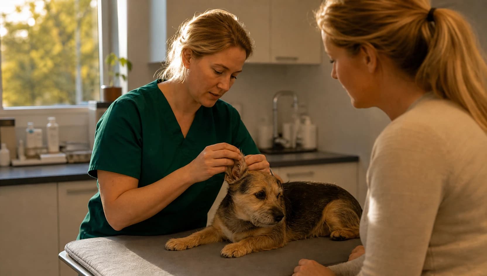 Veterinär förklarar allergiutredning för djurägare medan en lugn hund och katt är med i undersökningsrummet.