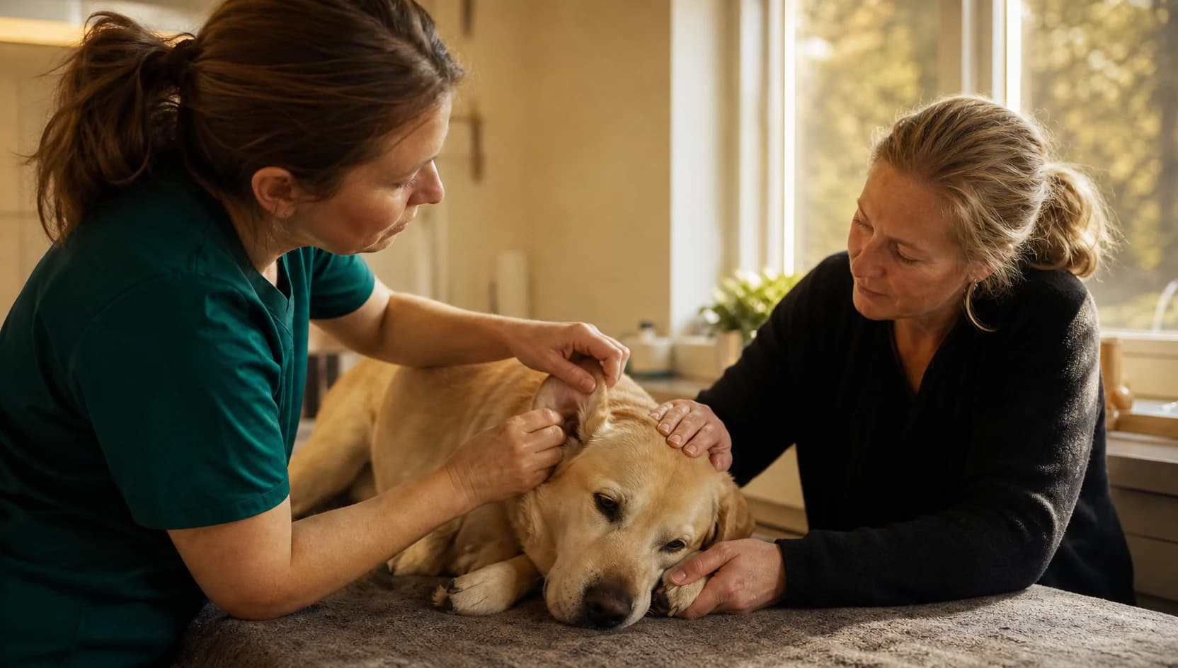 Veterinär undersöker hundens tass och öra vid misstänkt allergi och klåda.