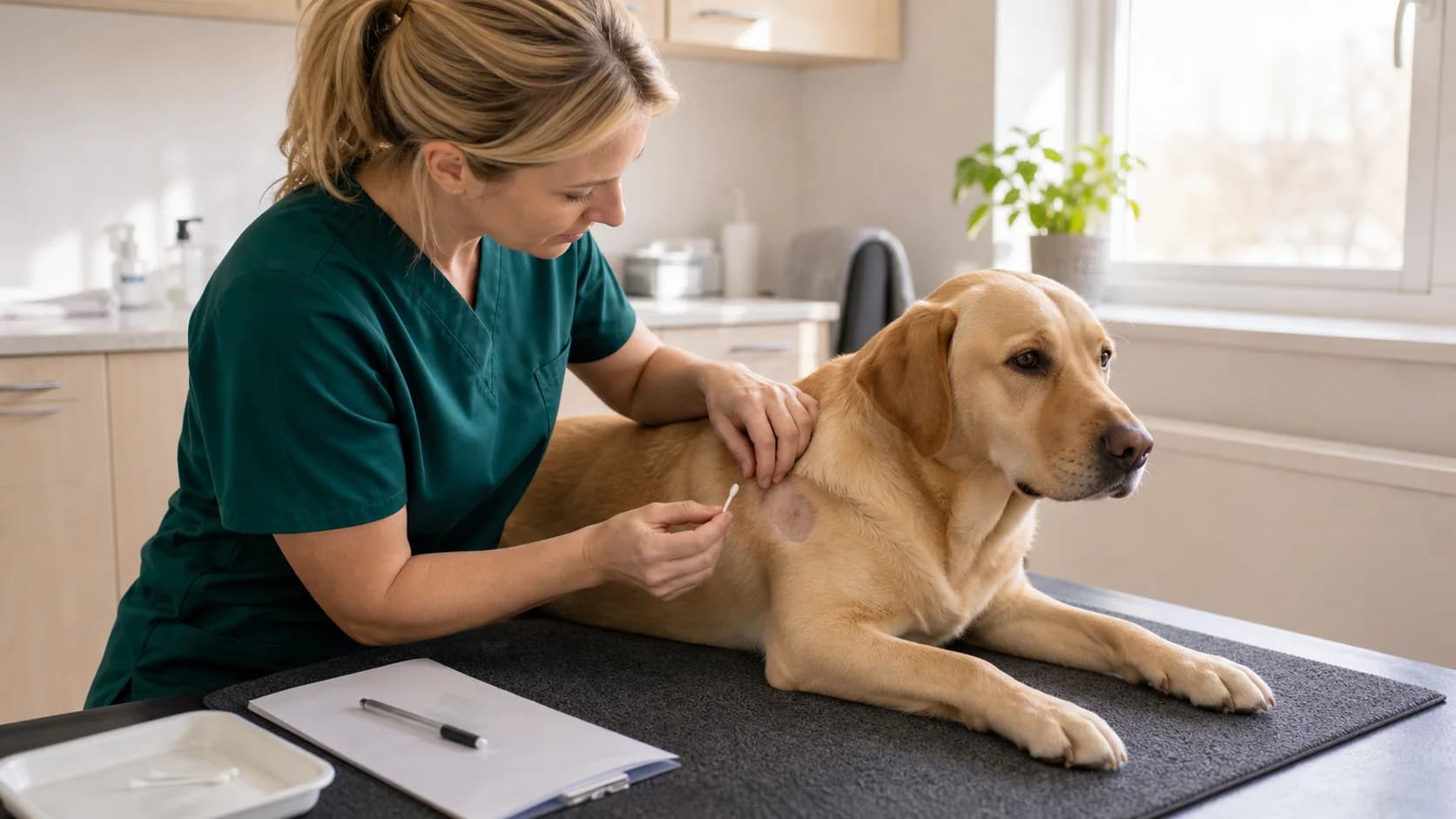 Veterinär i gröna scrubs förbereder allergitest på gul labrador i klinik.