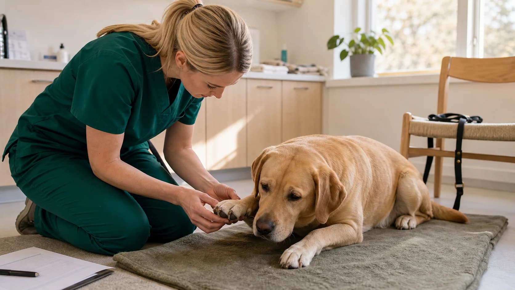 Veterinär i gröna scrubs undersöker tassarna på gul labrador vid allergiutredning.