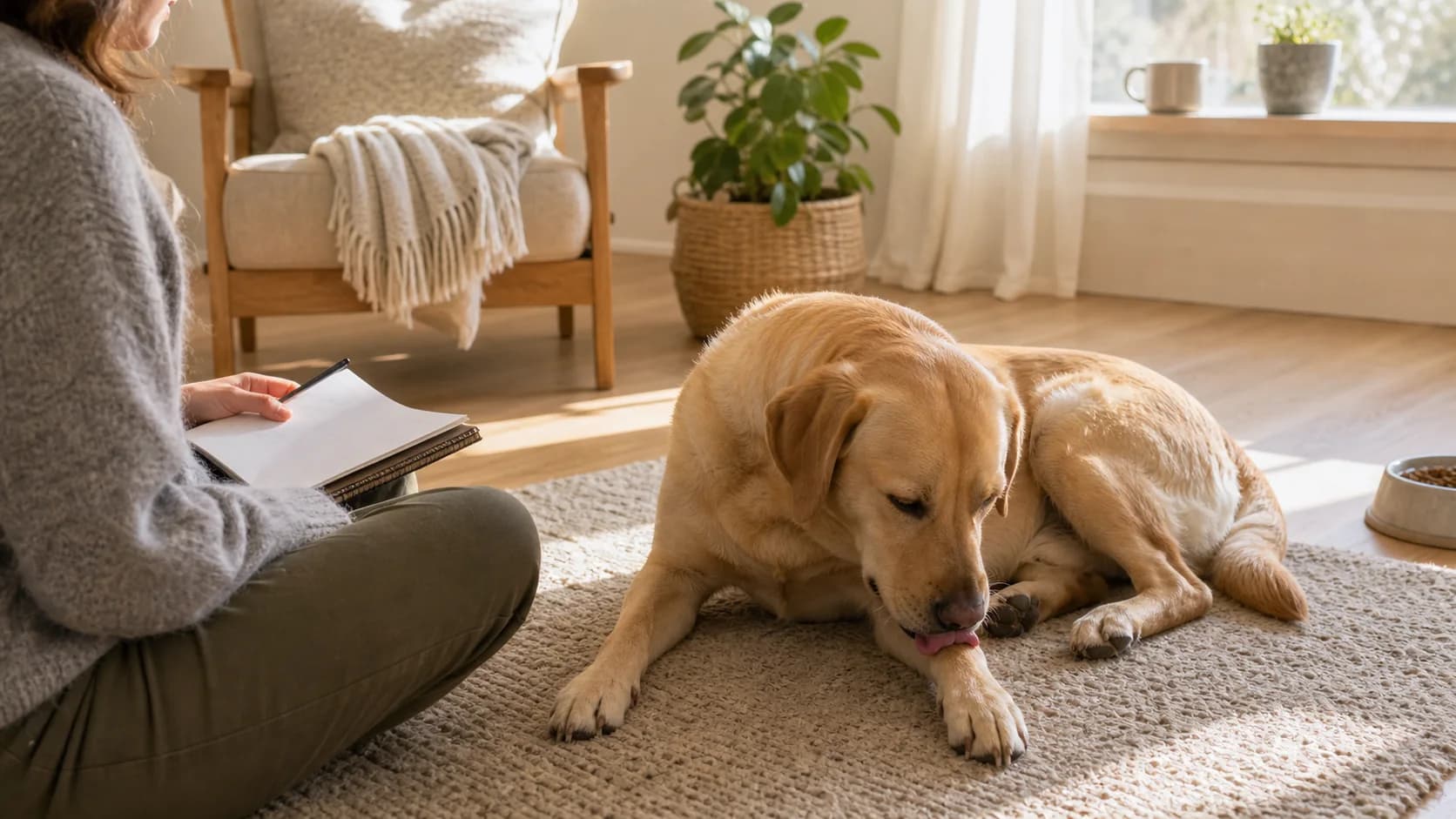 Gul labrador slickar tassen hemma medan ägare antecknar allergisymtom.