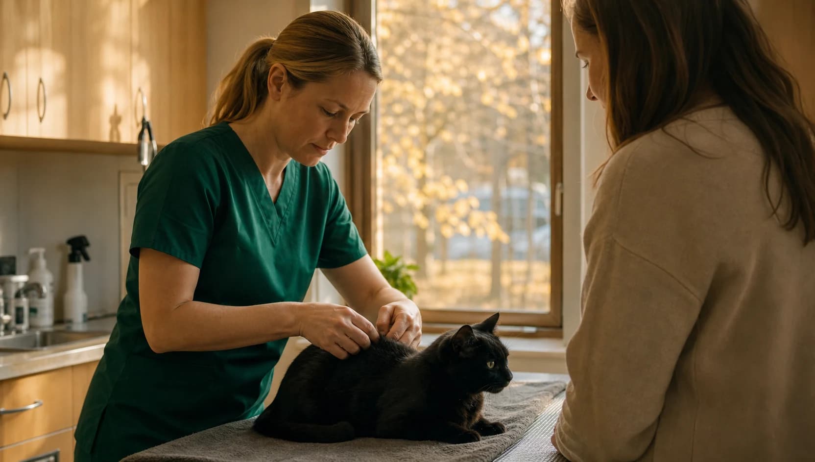 Veterinär undersöker kattens hud och päls vid överdrivet slickande och misstänkt allergi.