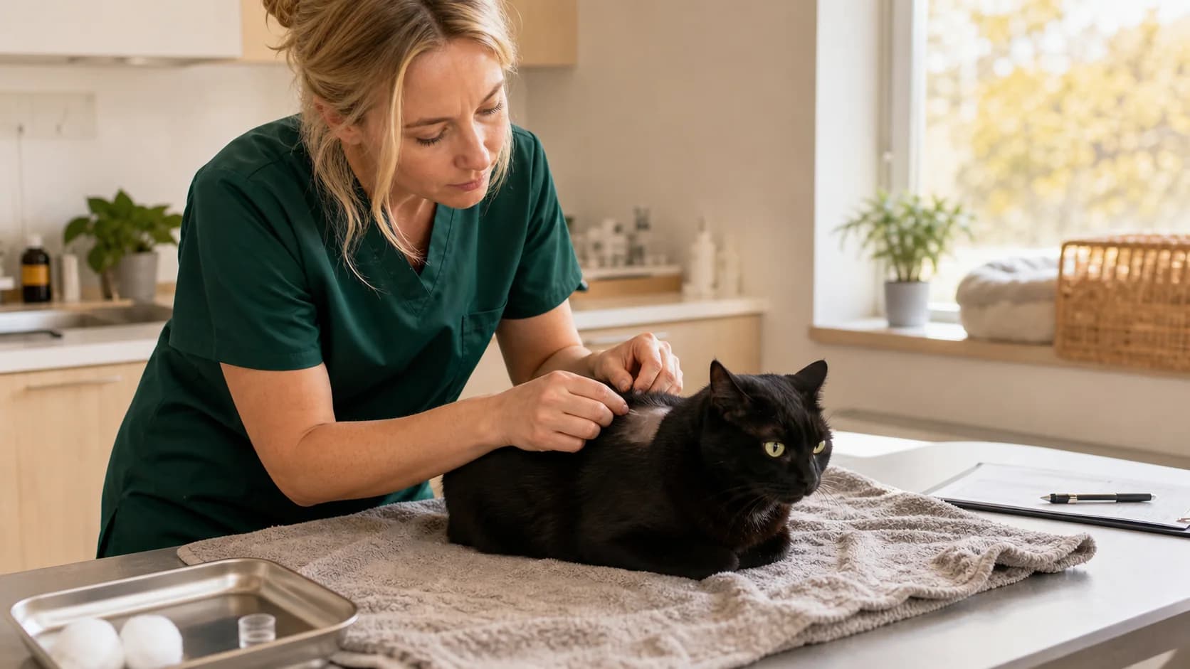 Veterinär i gröna scrubs förbereder allergitest på svart katt i klinik.