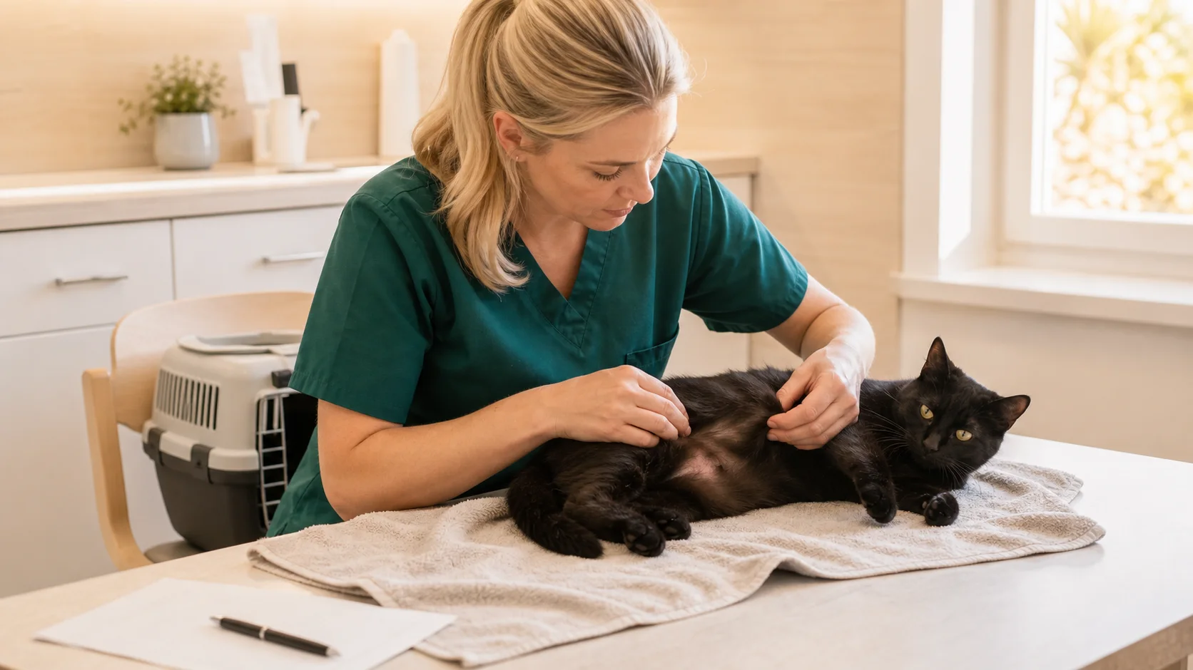 Veterinär i gröna scrubs undersöker hud och päls på svart katt vid allergiutredning.