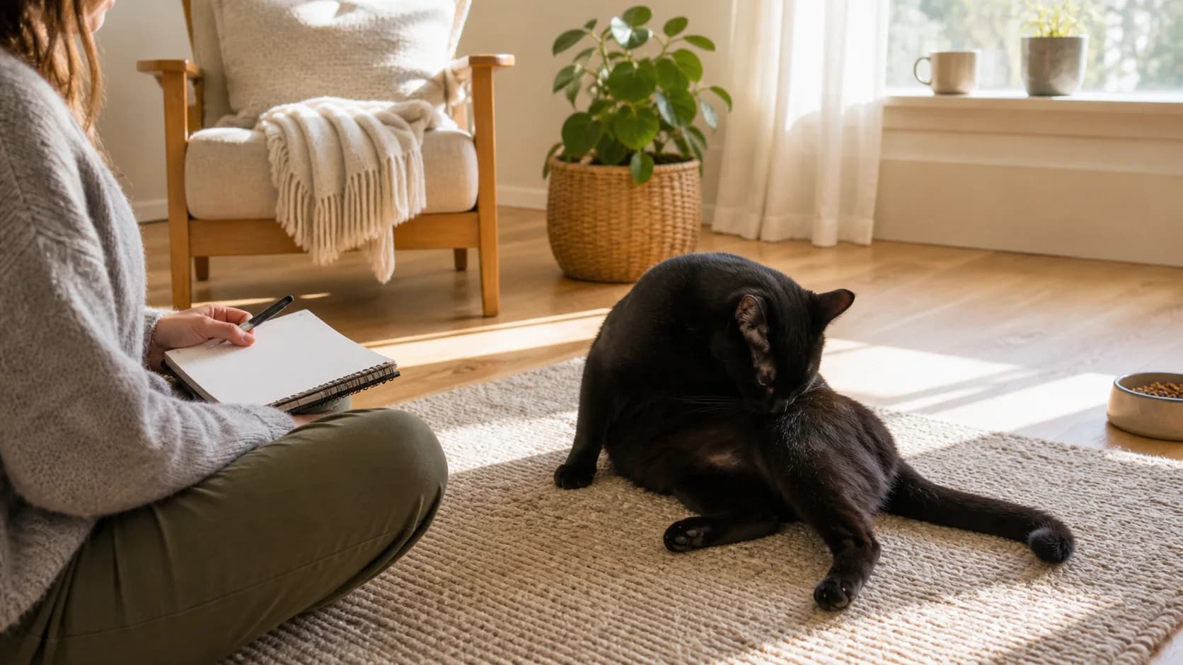 Svart katt putsar pälsen hemma medan ägare antecknar allergisymtom.