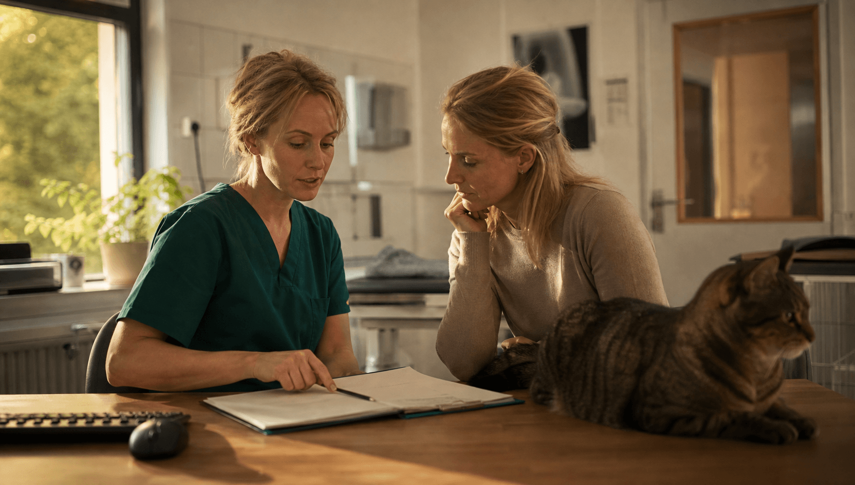 Veterinär samtalar med kattägare om reproduktionsplanering och artificiell insemination för katt.