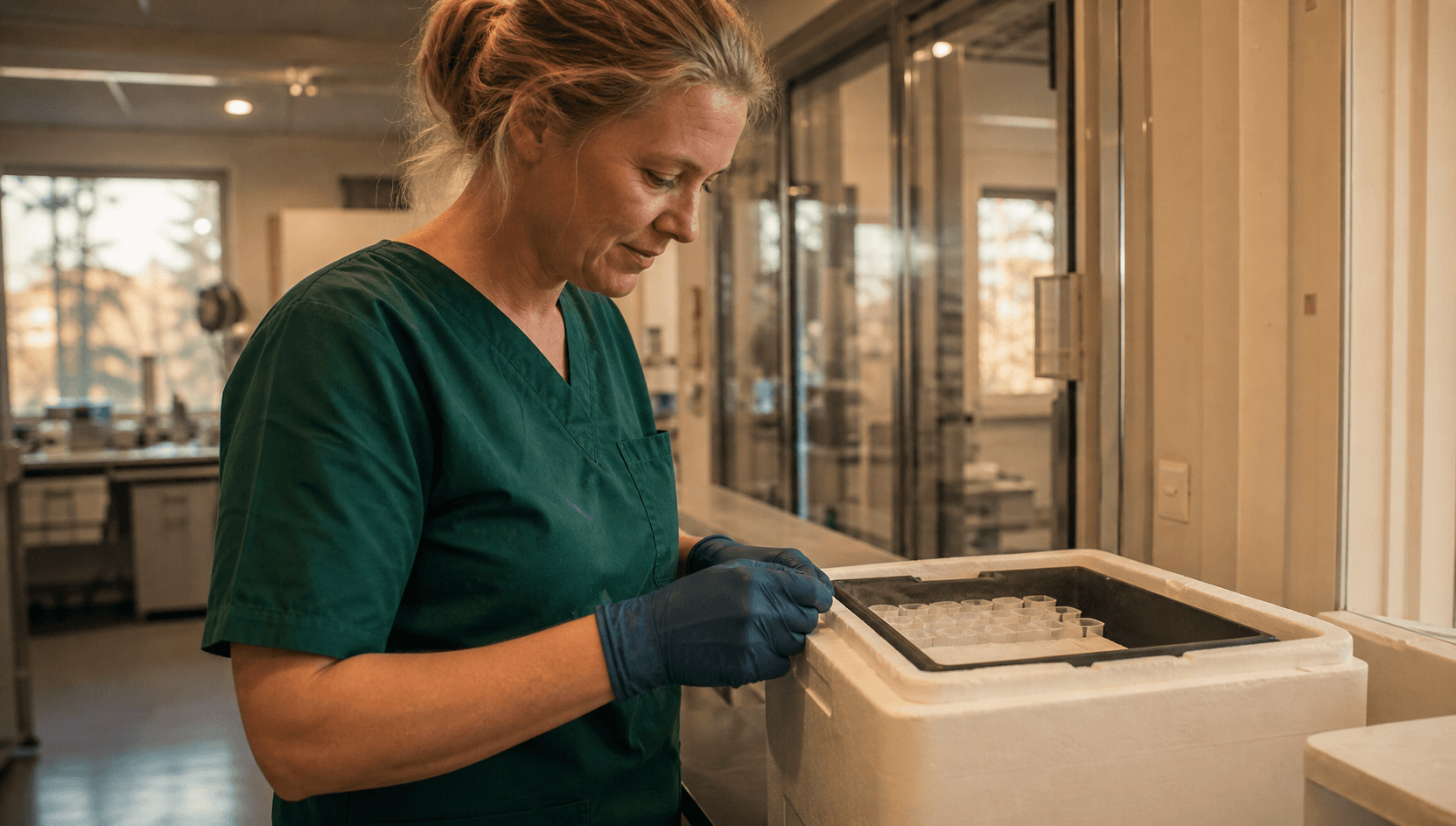 Veterinär kontrollerar transportmaterial för sperma inför artificiell insemination och seminering.