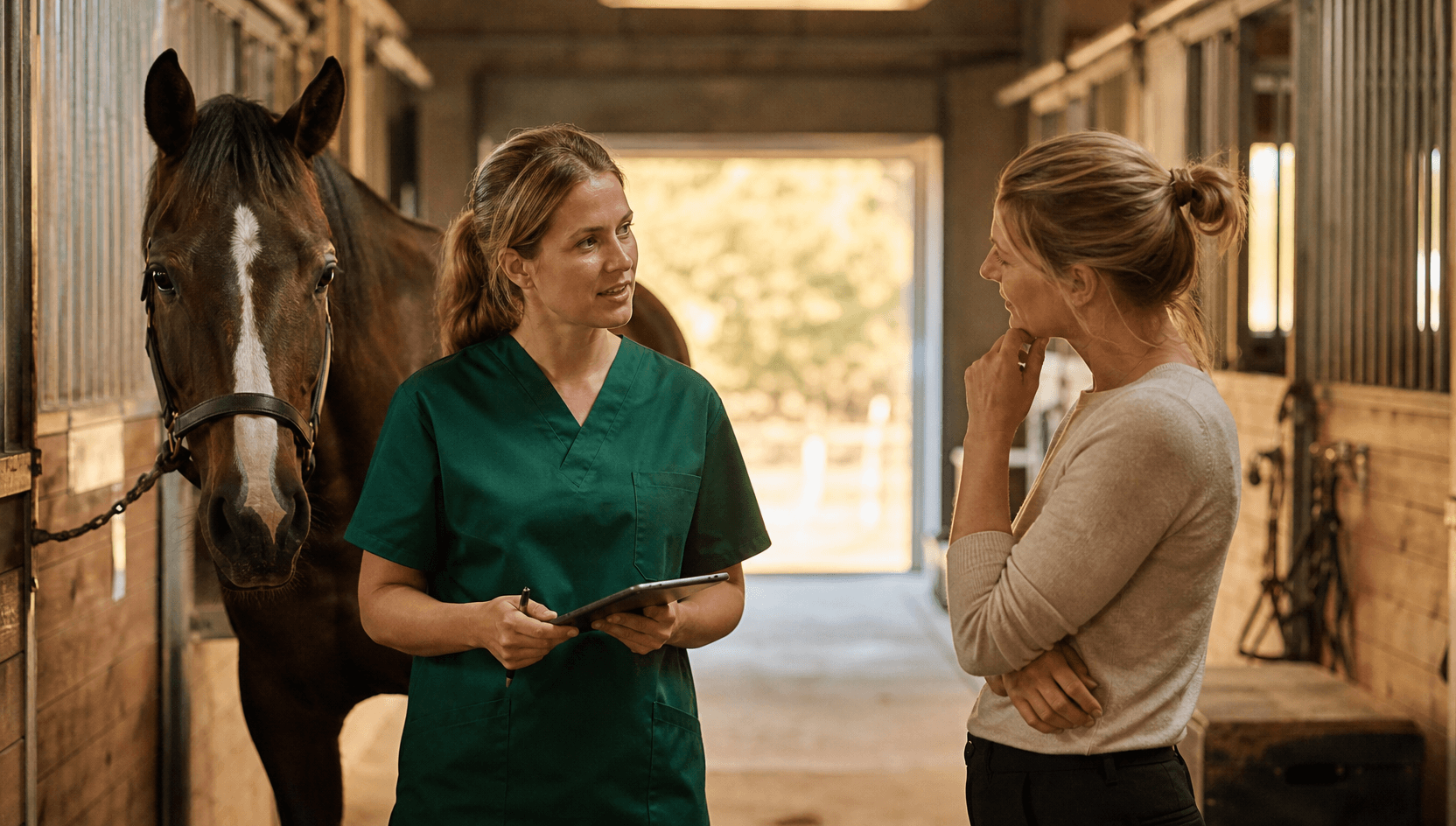 Hästveterinär planerar seminering med hästägare och sto i svensk stallgång.