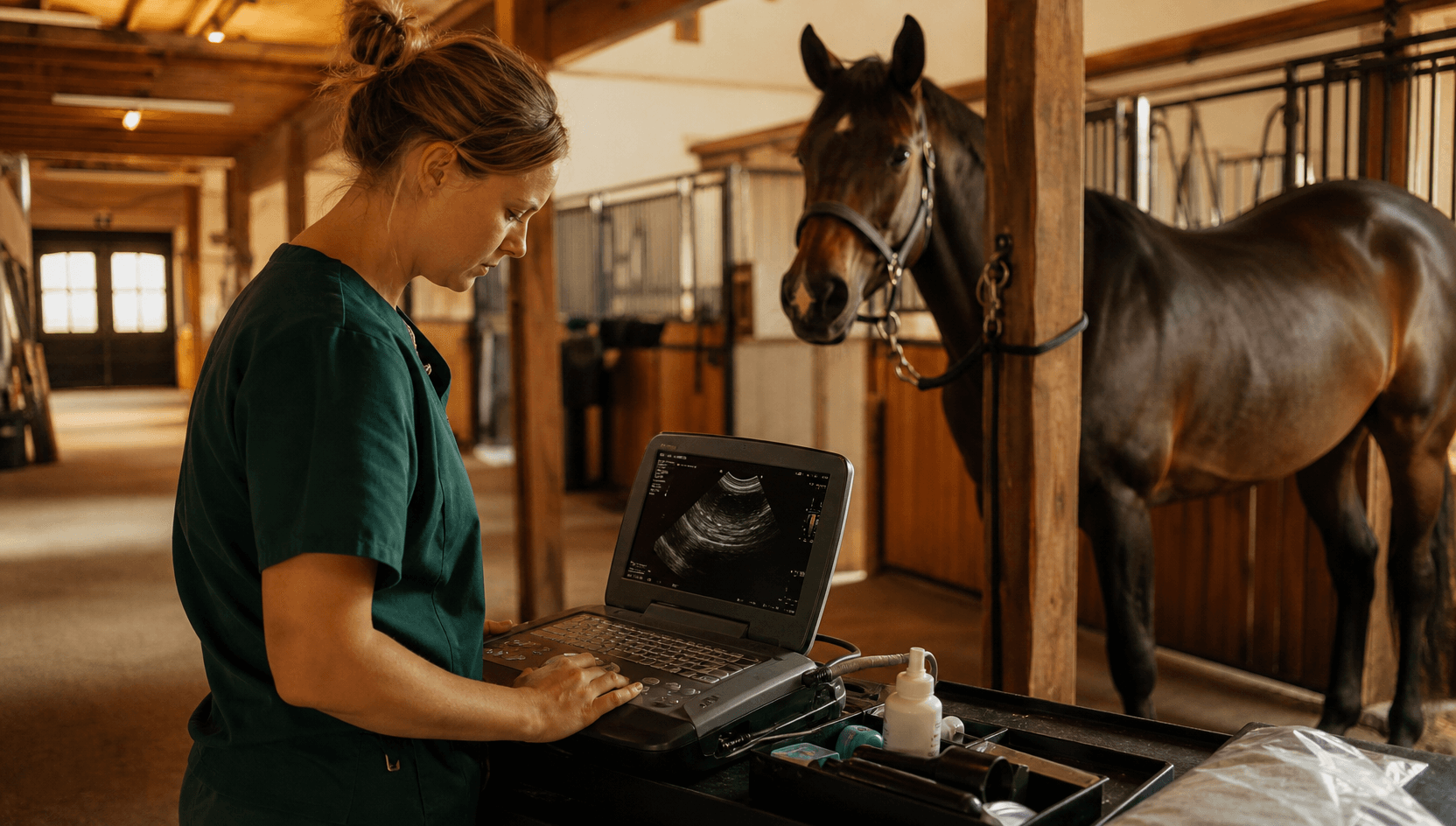 Hästveterinär använder ultraljudsutrustning inför brunstkontroll och seminering.