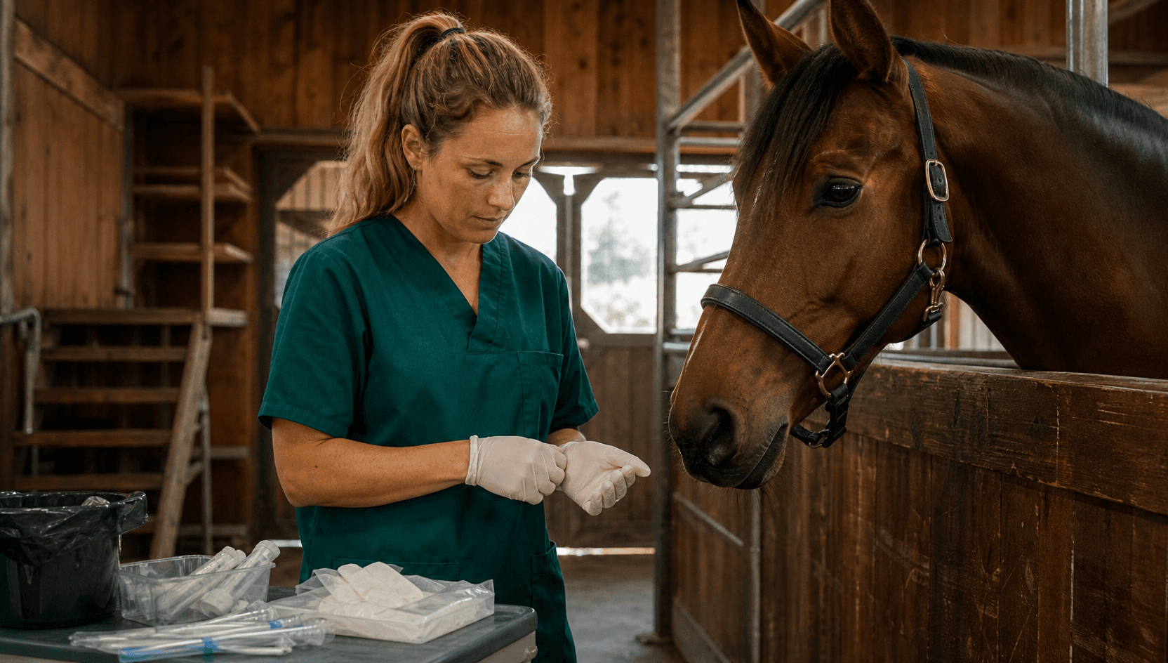 Hästveterinär förbereder provtagningsmaterial och handskar inför smittskyddskontroll.
