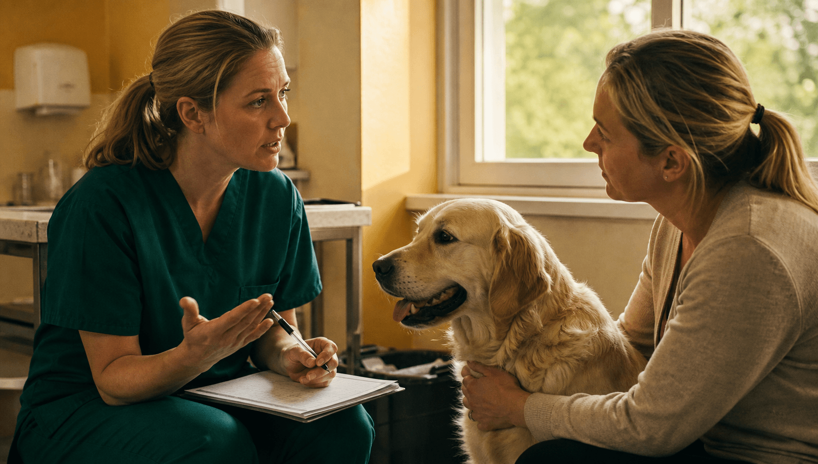 Veterinär planerar insemination för hund med tikägare och golden retriever i klinik.